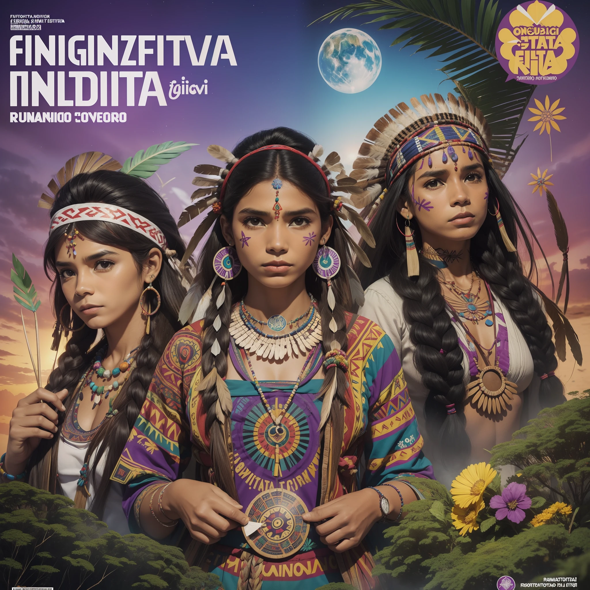 ((obra prima)), ((melhor qualidade)), fundo flyer, Indigenous issues, festival, fundo flyer, Tema do Festival, folheto de fundo, Paleta principal: portanto, roxo, floresta, Indigenous issues