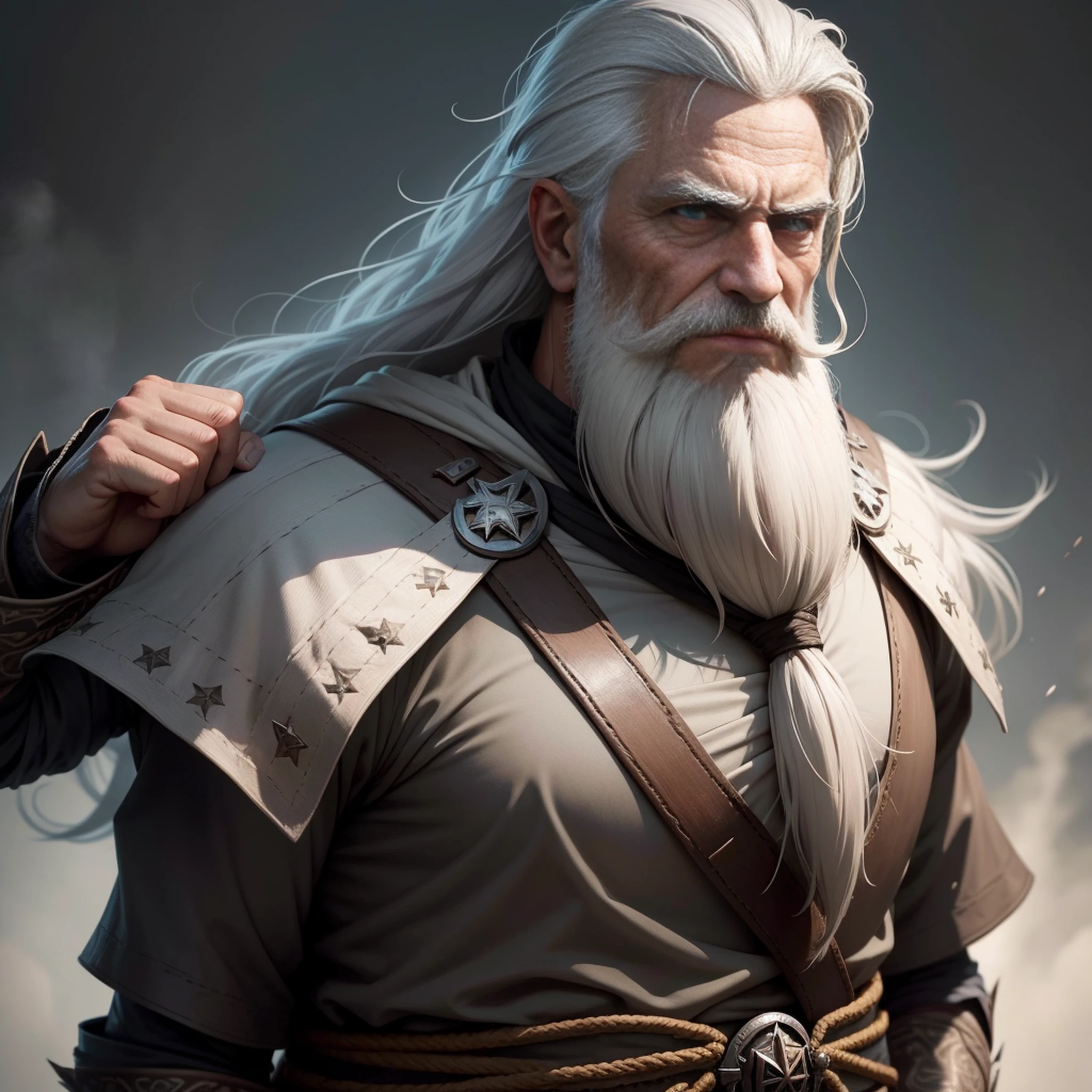 Old man, 80 years old daddy, JP, Giant growing huge muscular man large, huge breasted, enormous chest, grey hair and beard, long hair, torn t-shirt, imposing, expressive face, vivid blue eyes, expressive eyes, defined eyes, well-defined chin, very well defined face,dark and gritty style, looking to a small tiny men, bushy gray eyebrows, black skin, dark olive skin color, blue eyes, nose with pronounced bridge and outward curve that protrudes from the base of the nose, oiled skin, absurdly huge nose, hawk nose, big old man nose, convex nose, well groomed moustache, (80 years old daddy), enormous nose, eagle like nose, veins, sharp well groomed beard