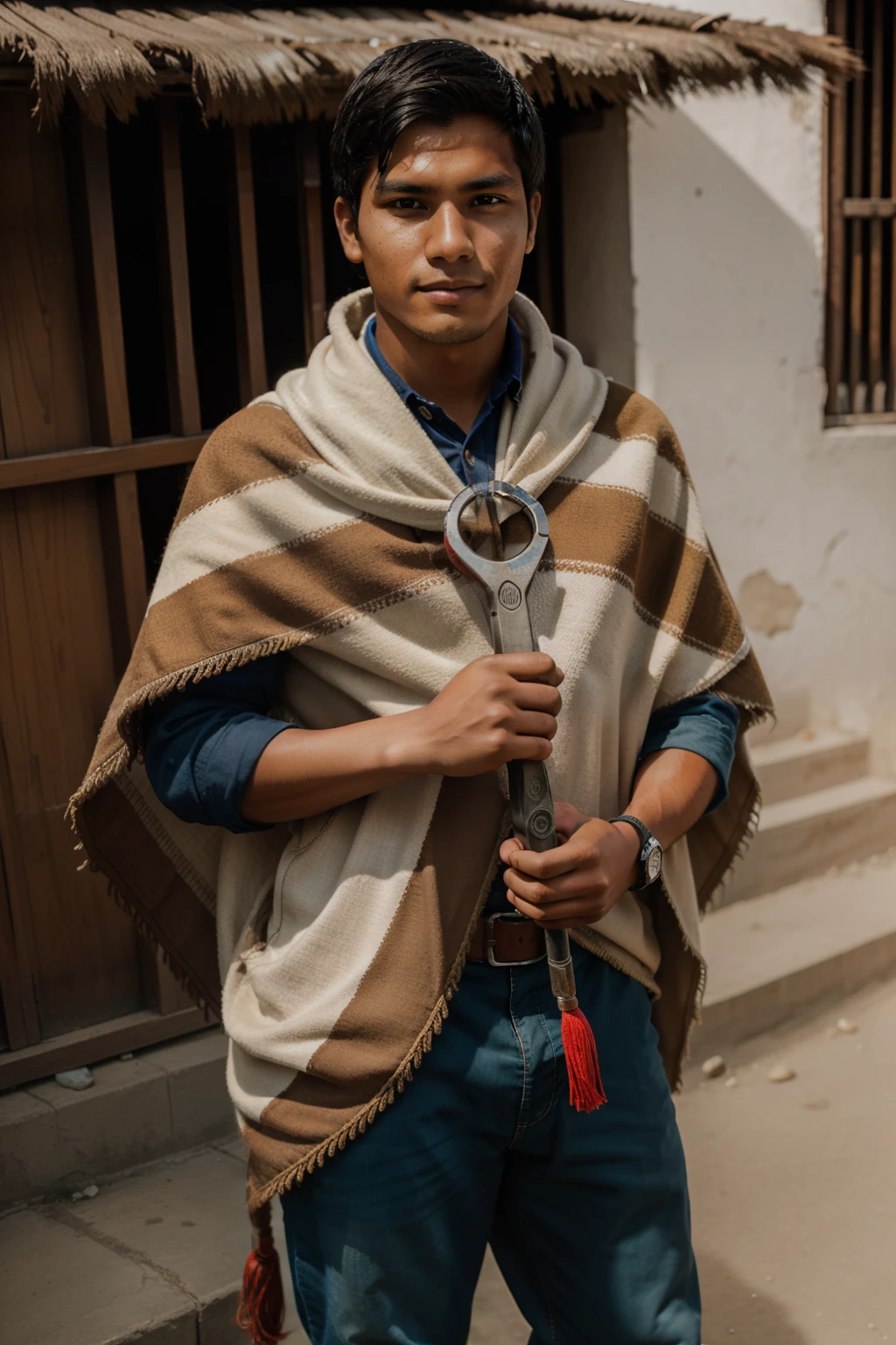 Professional photograph of a young indigenous Peruvian man, holding a Crescent Wrench, wearing a traditional Peruvian poncho