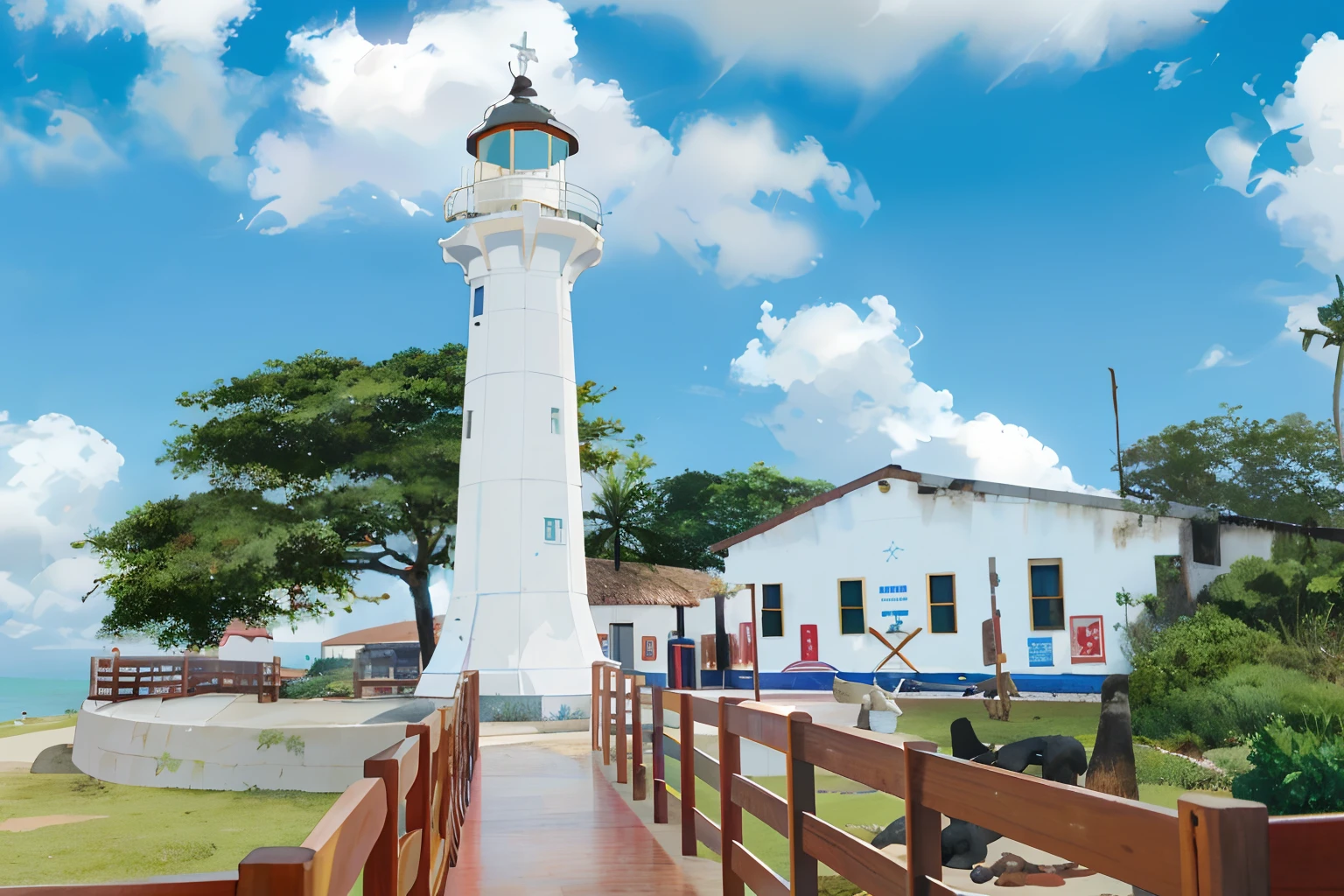 recrie essa imagem em desenho realista, Araffes sentados em um banco em frente a um farol branco, farol da barra, uma estrada que leva ao farol, farol, farol, historical setting, Malika Favre, antigo, visualmente deslumbrante, Aprimorado digitalmente, Directed by: Fernando Gerassi, Directed by: Felipe Seade, imagem central, salvador, por Randy Post, Beautiful image, 4k, desenho realista, strong traits