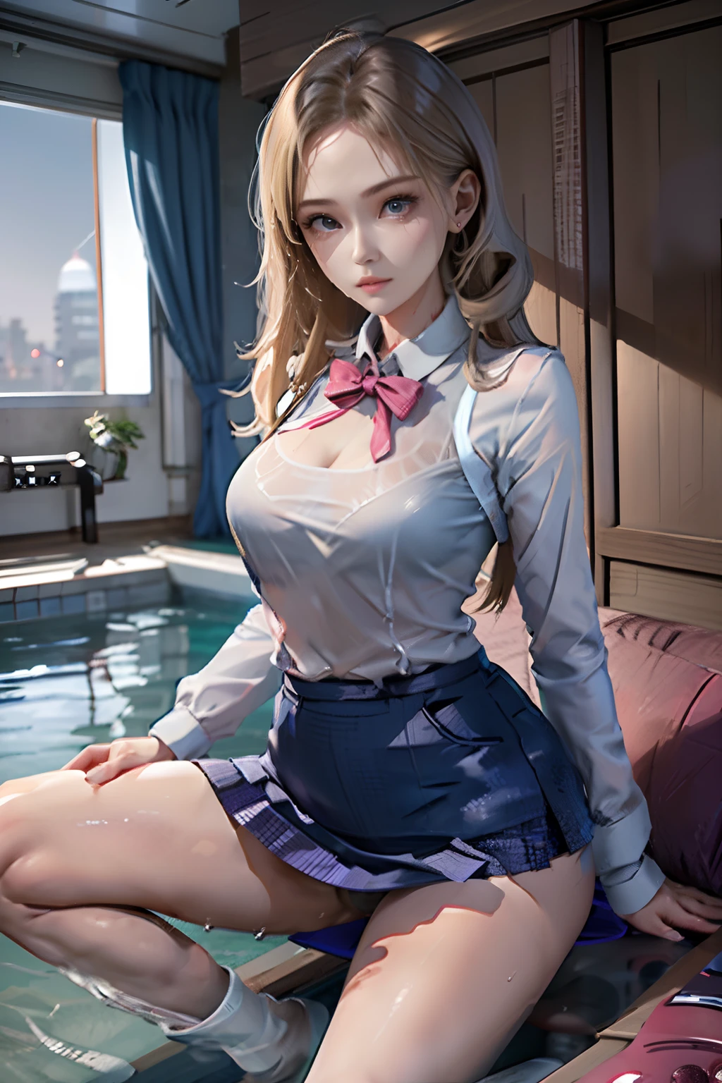 Real Images、(masterpiece:1.2、top-quality)、Lady 1、独奏、Stand kneeling、Ultra mini skirt、White panty、Wet and droplets、sexy underwear、skirts that are too short、Physical education sitting、M-shaped legs、Open legs,summer clothing、itchy、reach、3When the moon、Cabin Crew、Open legs,poneyTail、校服、a miniskirt、White panty、camel's toe、Planes、Pink blouse、Services for passengers、water dripping、Wet、Provision of safety instructions、Response to emergencies、bangss、(Glossy skin:1.15)、