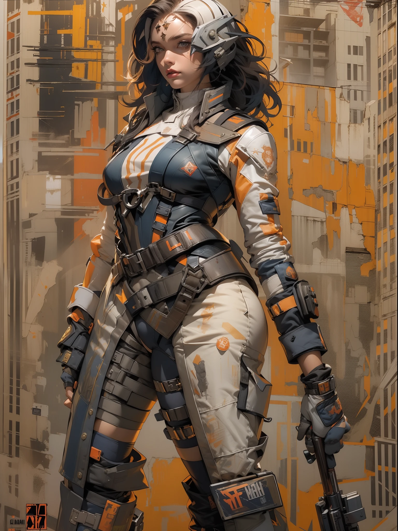 (((mulher))), (((melhor qualidade))), (((obra prima))), (((adulto))), (((1girl))), ((( corte de cabelo bob ))), Uma gladiadora cyberpunk mulher de 25 anos com corpo perfeito, shoulder pads with metal spines, Gladiadores do Brooklyn, (( corte de cabelo bob )), tiny leather panties, camiseta de time de rugby rasgada, quase nua no estilo selvagem urbano de Simon Bisley para a capa da revista Heavy Metal, Cabelo loiro curto, Minimum clothing, Metal protection on the left arm with intricate graphics, dark orange with white stars and checkerboard pattern white and navy blue and copper, armadura, cheio de pontas e rebites, (((do joelho pra cima))), cabelos loiro branco curto, no fundo uma parede pintada por Shepard Fairey com um design intrincado