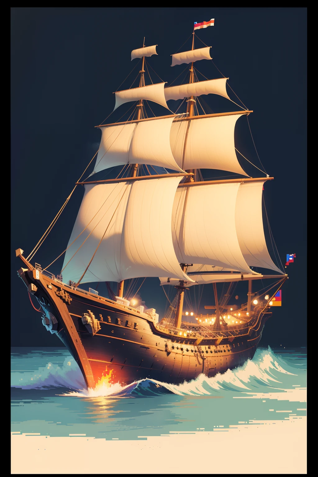 Pixel Art, SNES style, pixelated, Pixels, Left side view, Sailing ship brig, left side view