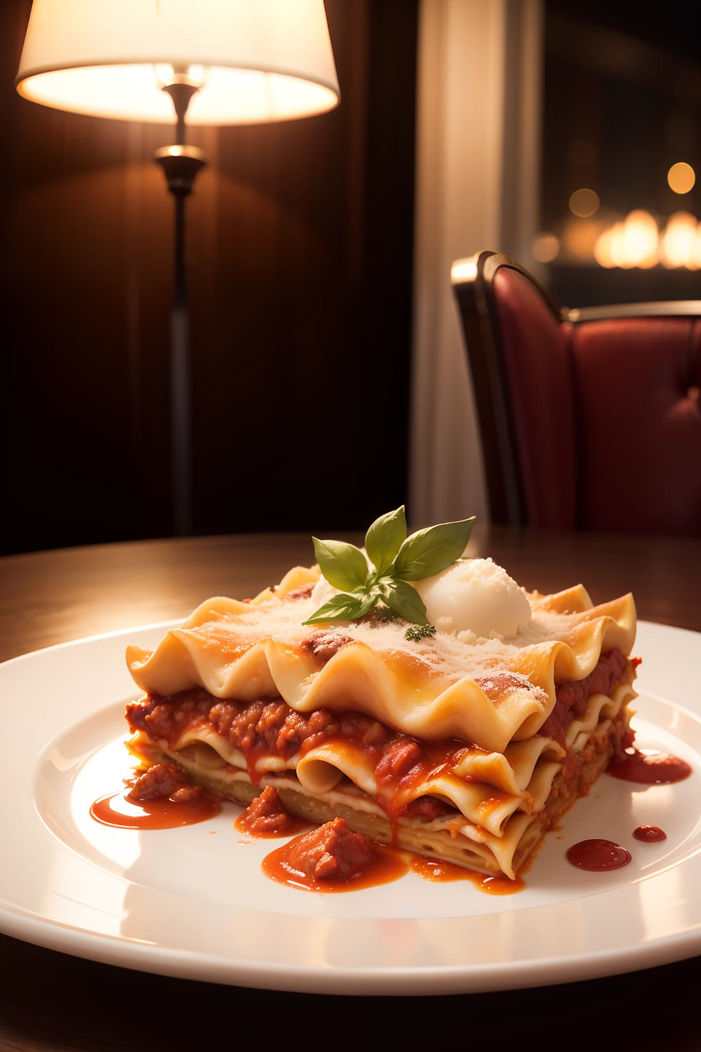 Capture a close-up of a beautifully prepared mouth-watering lasagna, exuding a tantalizing fascination, no restaurante 3 Estrelas MICHELIN. This gourmet scene features a clean composition, Dramatic soft lighting and luxurious elegance. The centered composition emphasizes indulgent appeal. The night scene, sob a expertise de um food stylist, brings out the irresistible beauty of high-end culinary creation. (StableDifusionXL1.0 -SeargeSDXL)