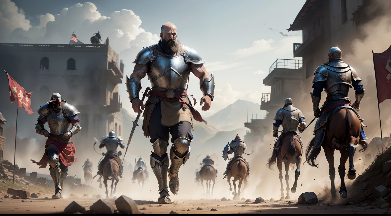 homem forte careca e com barba, Warrior in armor abandoned the battle on foot running away, Imagem de fundo: War scene with epic chariots and warhorses