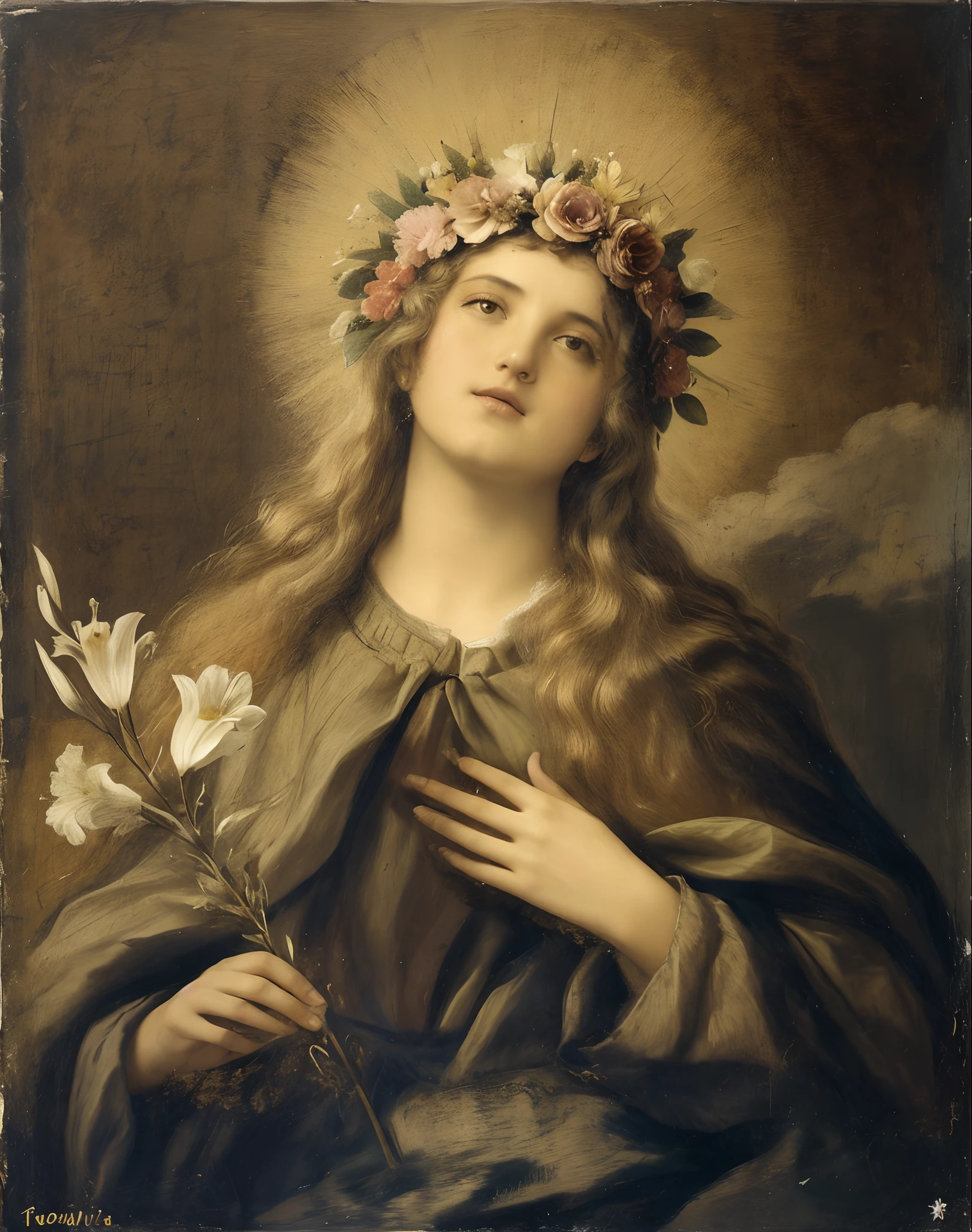 pintura de uma mulher com uma coroa de flores em seu cabelo, Directed by: Antonio de la Gandara, majestosa mulher de santo, Directed by: Giovanni Bernardino Asoleni, Directed by: Giovanni Lanfranco, by Francisco de Holanda, Directed by: Cristofano Allori, Directed by: Giovanni Bernardino Mazzolini, Cidade de Bartolomeo, Directed by: Caspar van Wittel, Directed by: Giovanni Antonio Galli, santa mulher