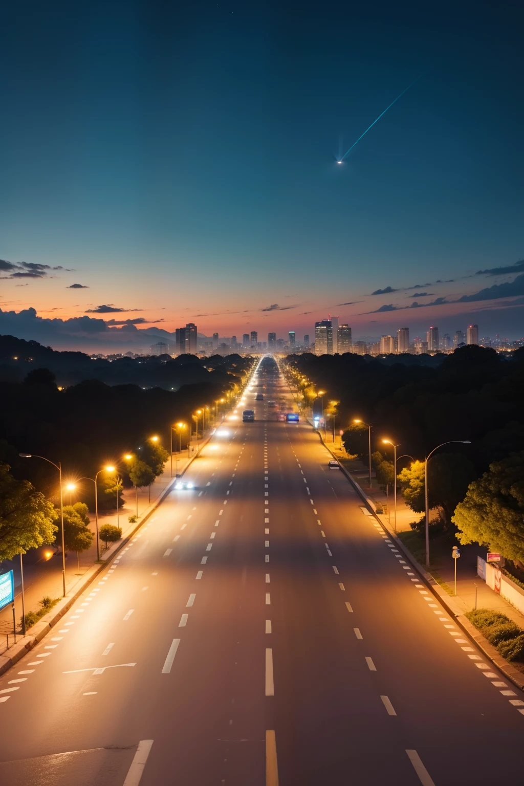 uma estrada de asfalto reta com vista a noite