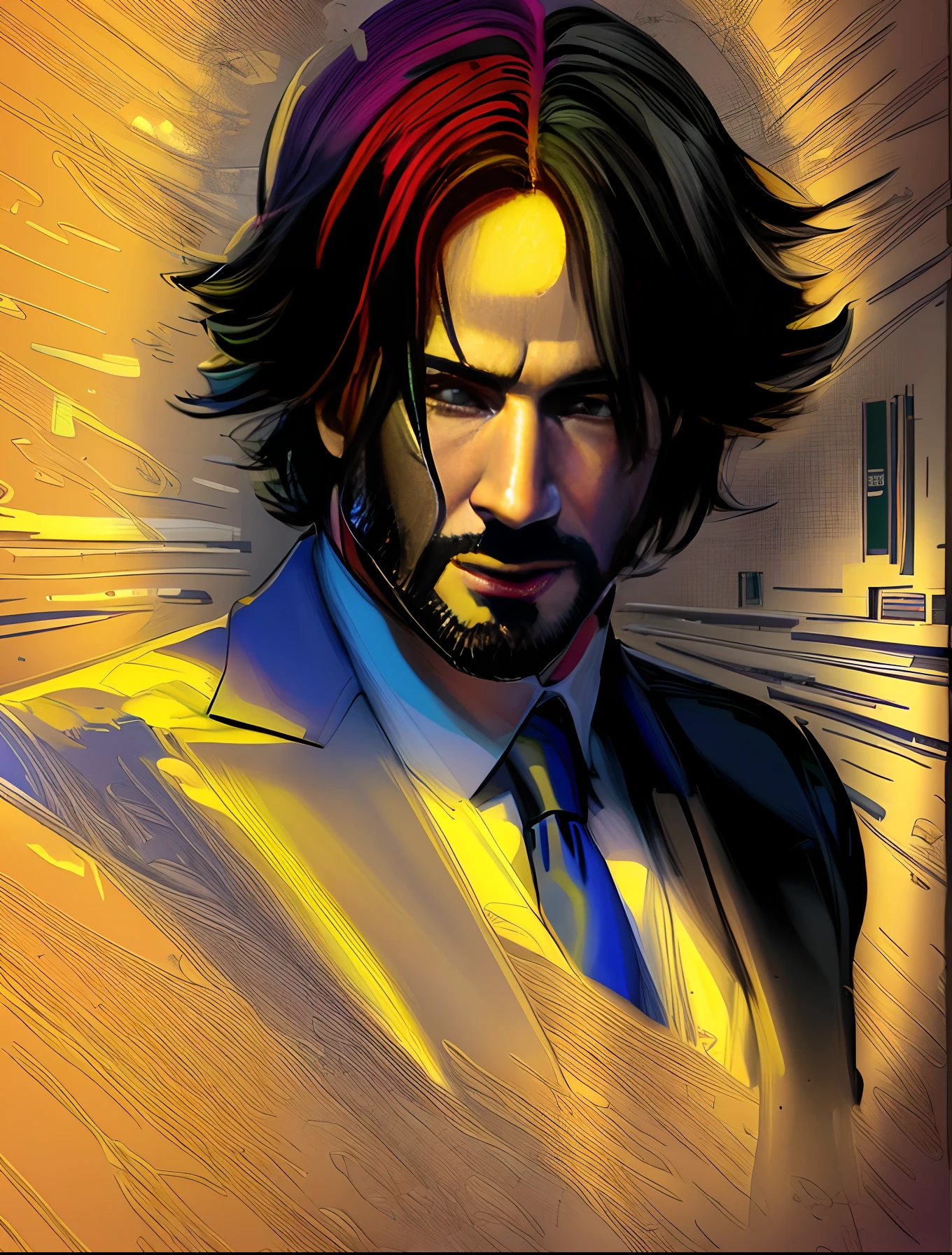 um close up de um homem de terno e gravata com um fundo brilhante, Retrato de John Wick, Do novo filme de John Wick, John Wick, No filme de John Wick, hq 4k papel de parede, HQ 4K papel de parede do telefone, Retrato de Keanu Reeves, arte colorida do filme, vibrant fan art, papel de parede 4K, papel de parede 4k, Arte digital detalhada em 4k