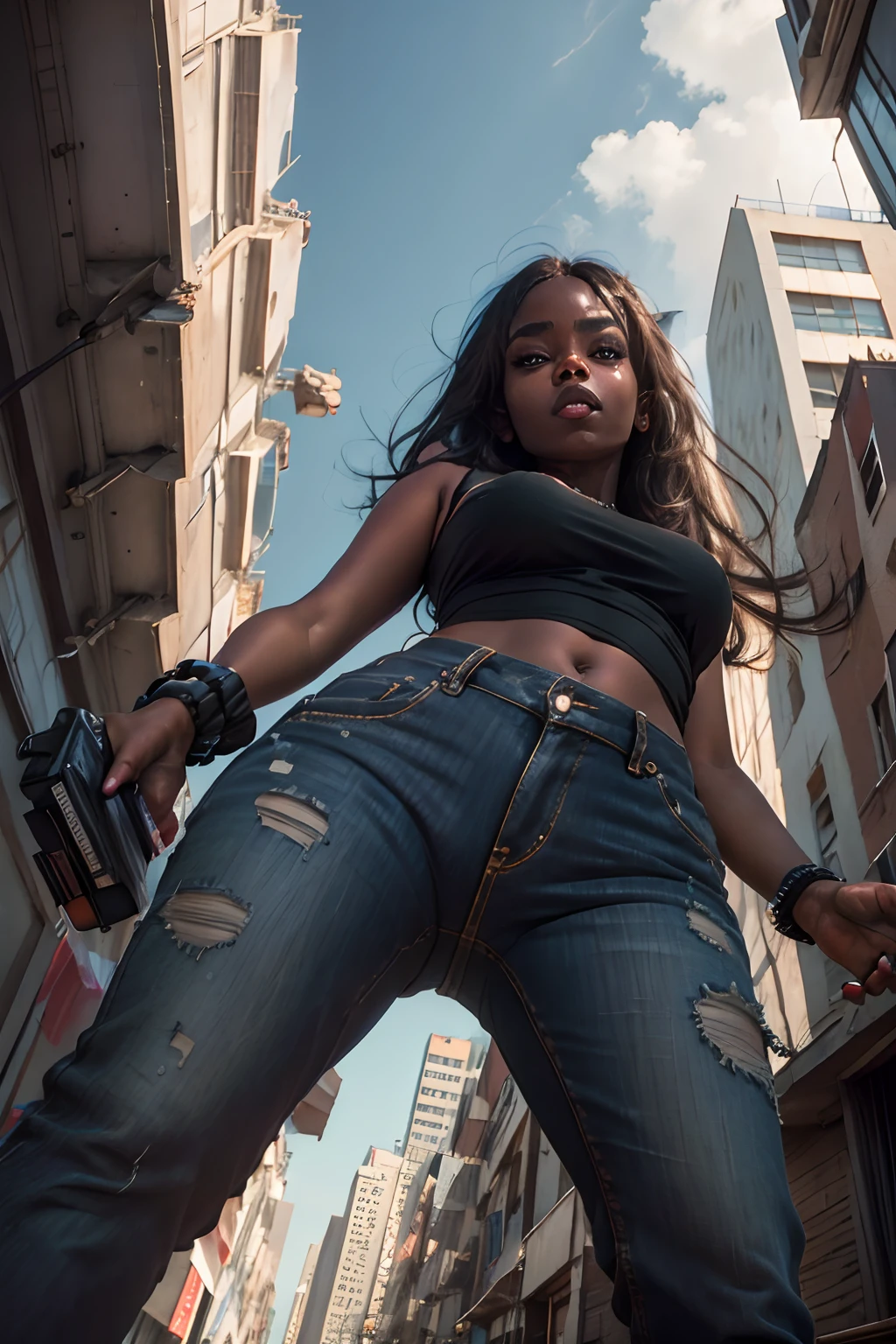 woman, (((from below))), busy city, foreshortening, (seductive pose), looking at viewer, mad, blackcutoffs, (eye contact), african, photorealistic, masterpiece, realistic, high contrast, hyper detailed, best quality, ultra high res, photorealistic, high resolution, detailed, raw photo,