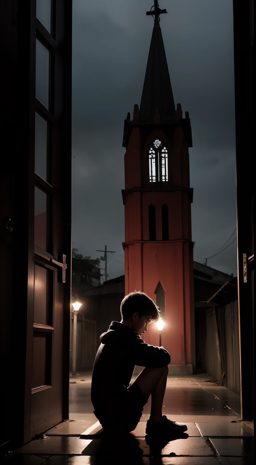 It's a dark night with light rain, A boy is sitting on the floor in front of him, observa uma flor vermelha em destaque. , The setting is of a slum and there is a church with a tower and a large cross, A single lamp illuminates the scene