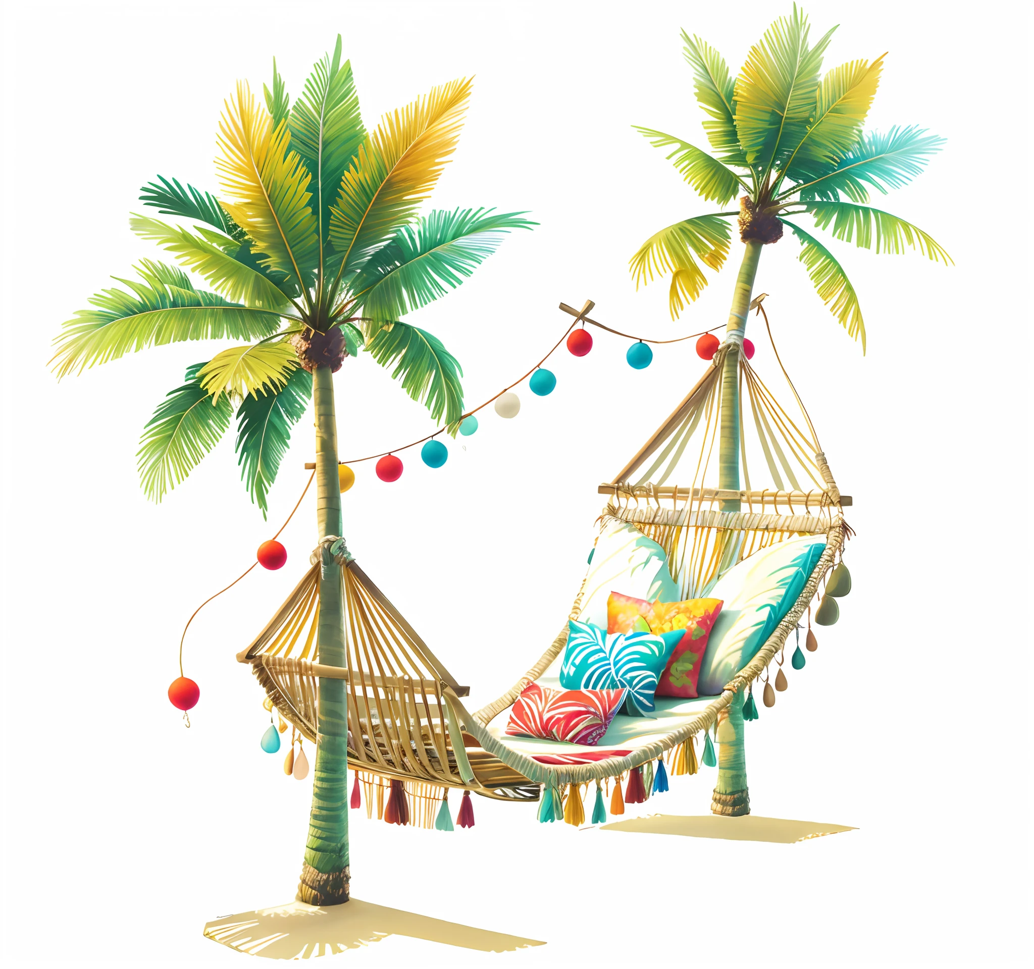 There are two palm trees with colorful pillows and a hammock, estilo tropical, arte conceitual relaxante, humor tropical, higher detailed illustration, Directed by: Elaine Hamilton, hd illustration, high detailed illustration, tropical paradise, illustration", vibe tropical, tropical backdrop, beach setting, summer scenery, highly detailed composition, branco bg, hight decorado, watercolor artwork of exotic, Artistic illustration