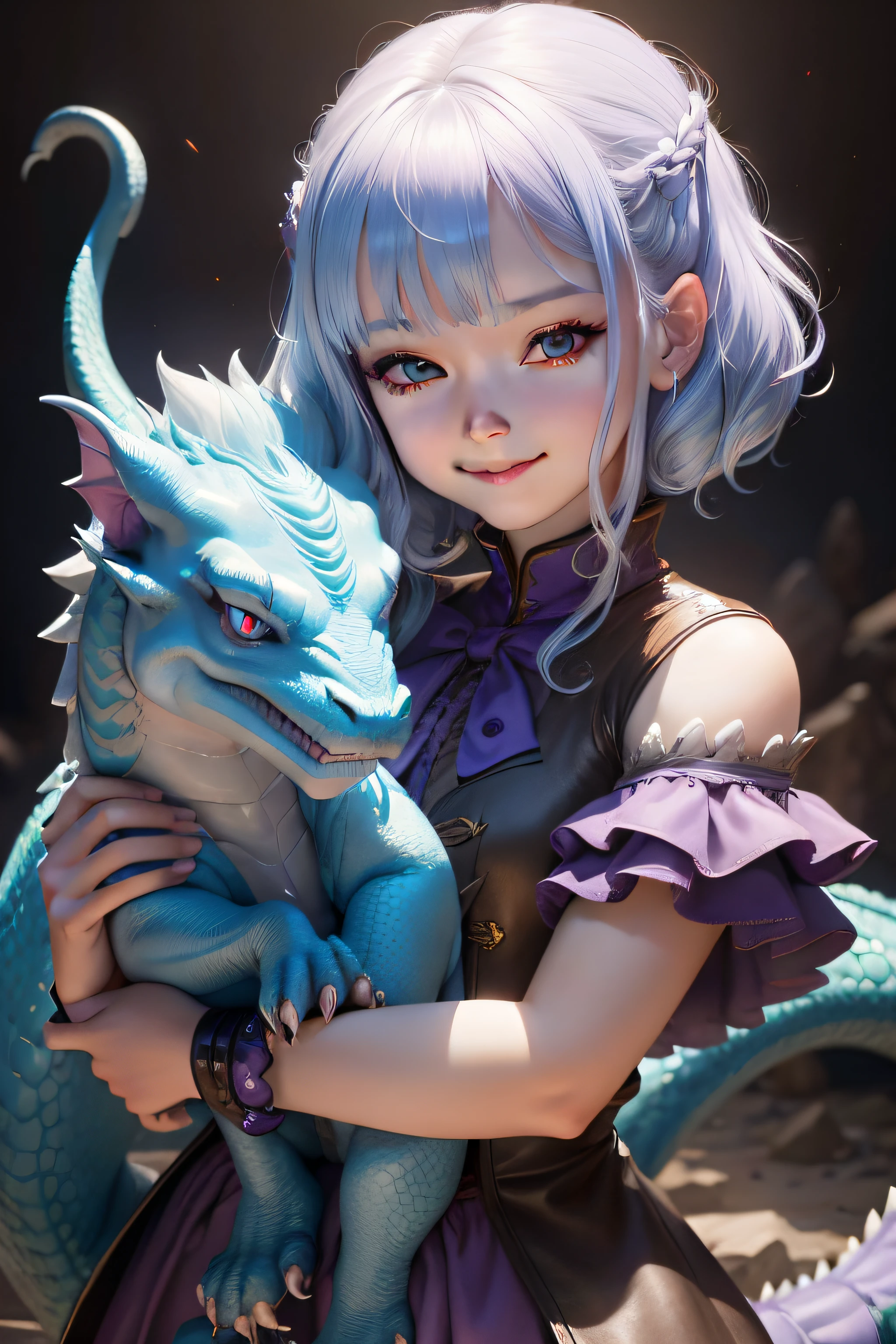 A girl holding a dragon in her hands. Dragon's eyes are closed and is smiling. The girl has light blue hair and light purple eyes