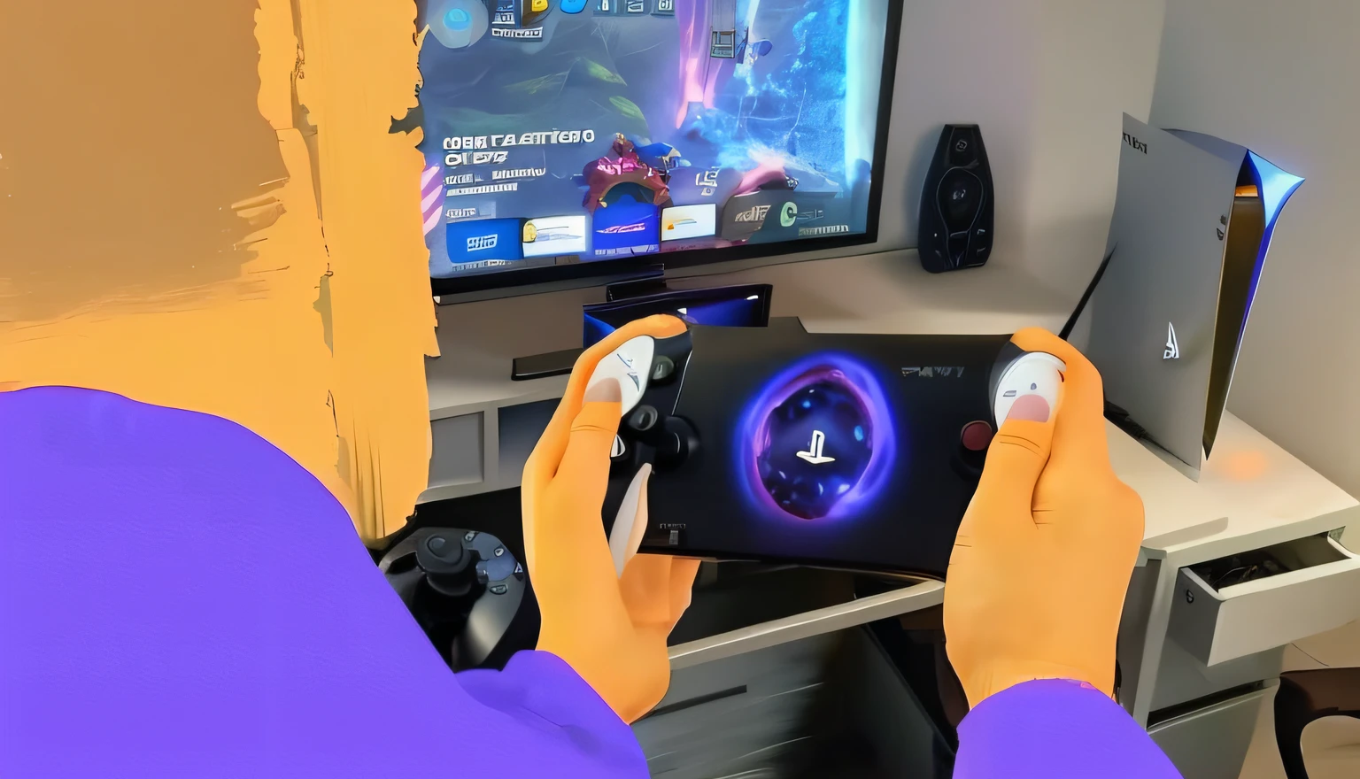 someone is playing a video game on a playstation portal console, playstation 5 screenshot, render quality, playstion 5 screen, ps5 game, playstation 5 graphics, playing games, for ps5, playstation, ps 4 gameplay