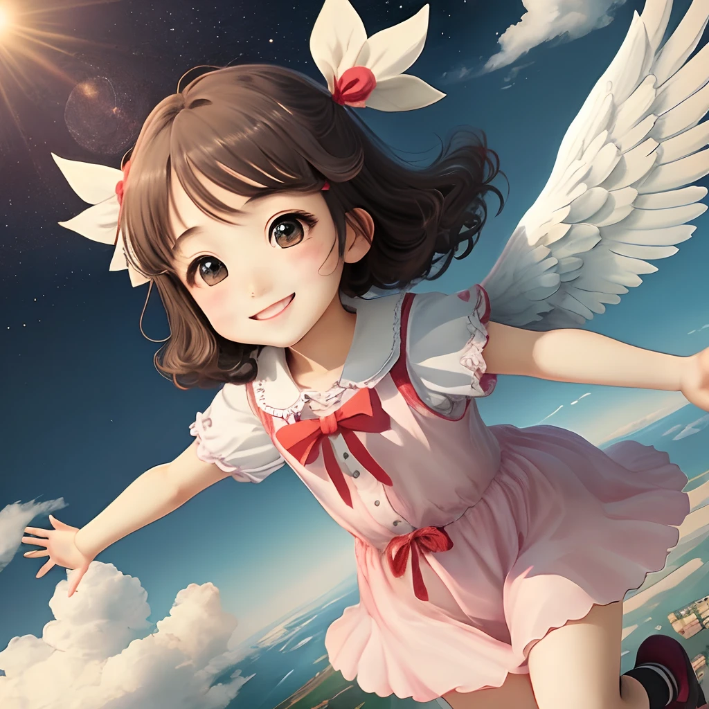 Anime style、Child angel flies in the sky、girl with、With smiling eyes