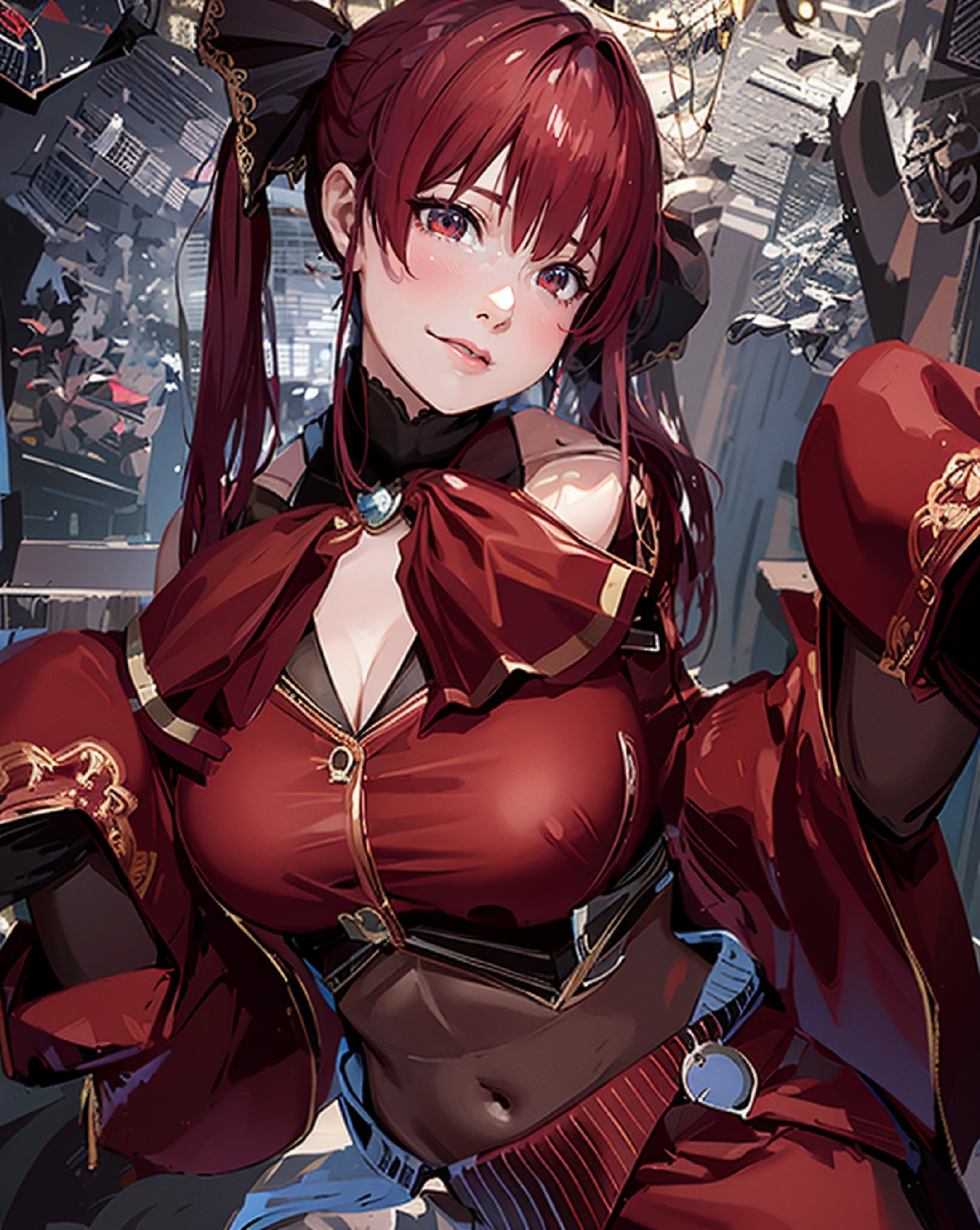 High Frequency: 1.8, background in japanese room detailed, Rich Detail, Masterpiece, 8K, Beautiful Houshou Marine from Hololive, ((extreme detail)),(ultra-detailed), extremely detailed CG unity 8k wallpaper, velvet, figurine, red hood, crop top, star headdress, puffy sleeves, lips, looking away, close-up, head turn, araffe dressed in a red dress and black outfit posing for a picture, anime girl cosplay, anime cosplay, cosplay,vcosplay photo, masterpiece, best quality,8k resolution,realistic,, 1 girl,