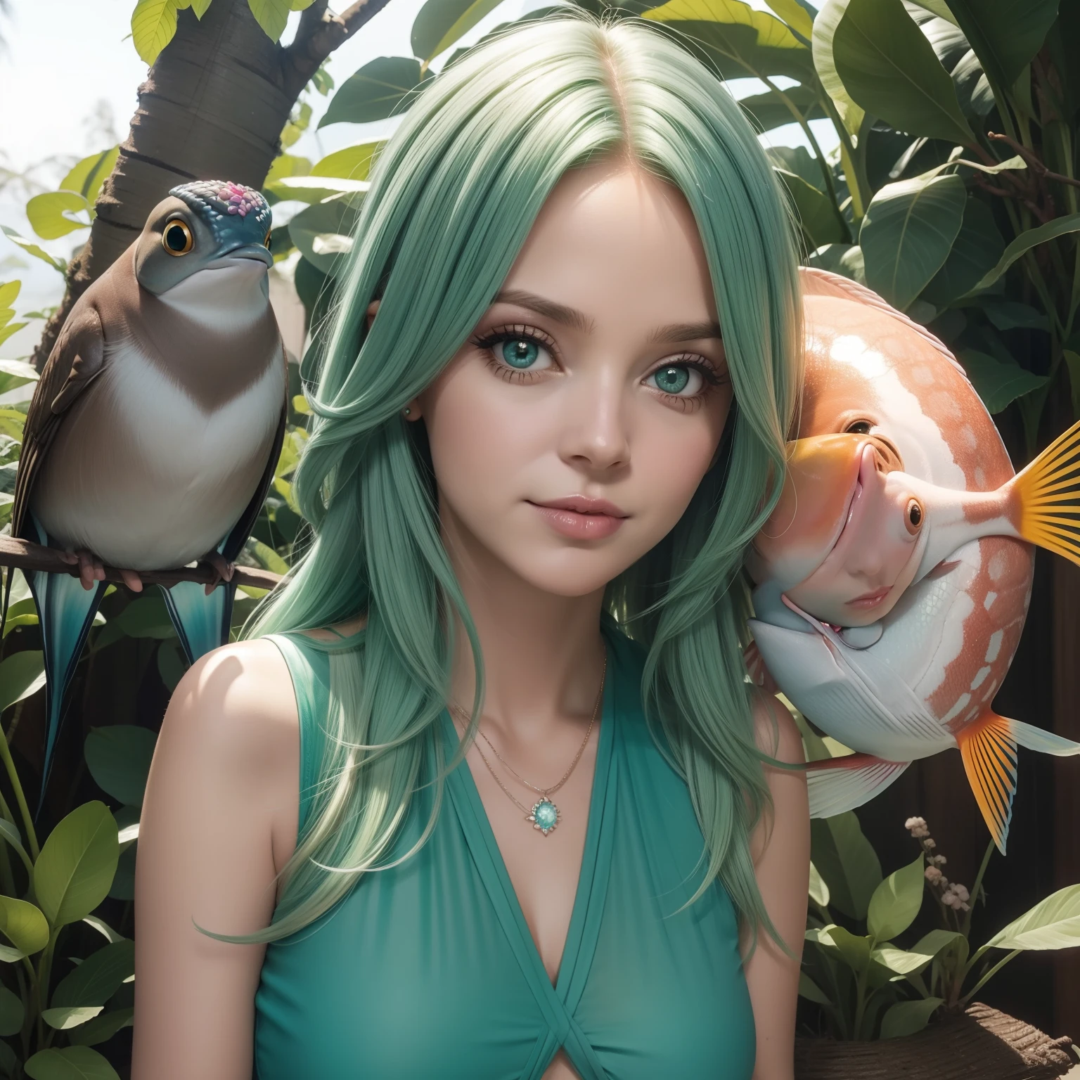 Fey com pele rosa tem quatro olhos pretos e orelhas de peixe e cabelo verde