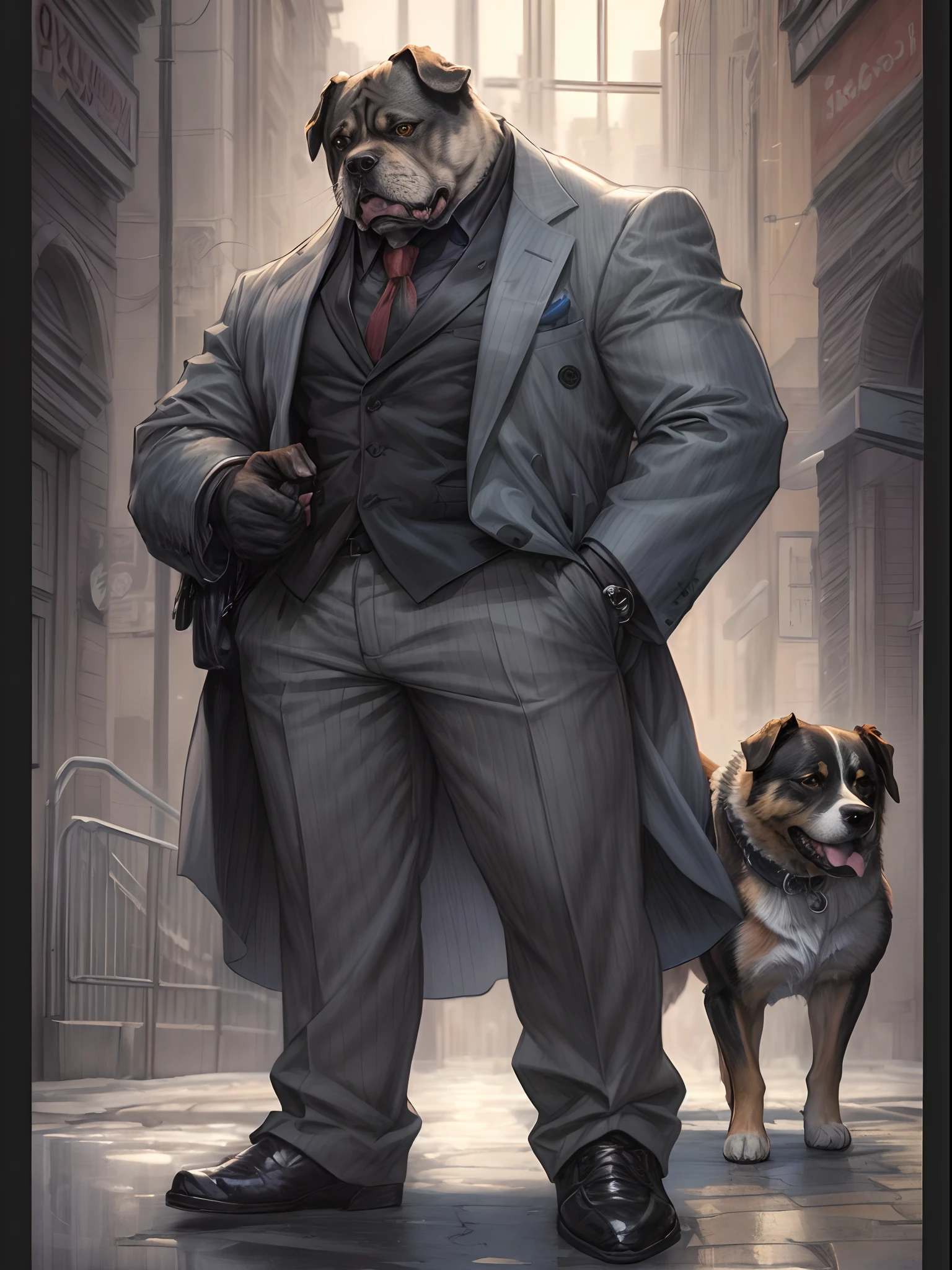 There was a dog standing in the city, blacksad, artgerm and grek rutkowski, adi granov, Wilson fish, kingpin, author:Brian Thomas, Artgerm Greg Rutkowski _ greg, author:Arthur Penn, author:Eddie Mendoza, author:Laszlo Balog, author:Roman Bezpalkiv