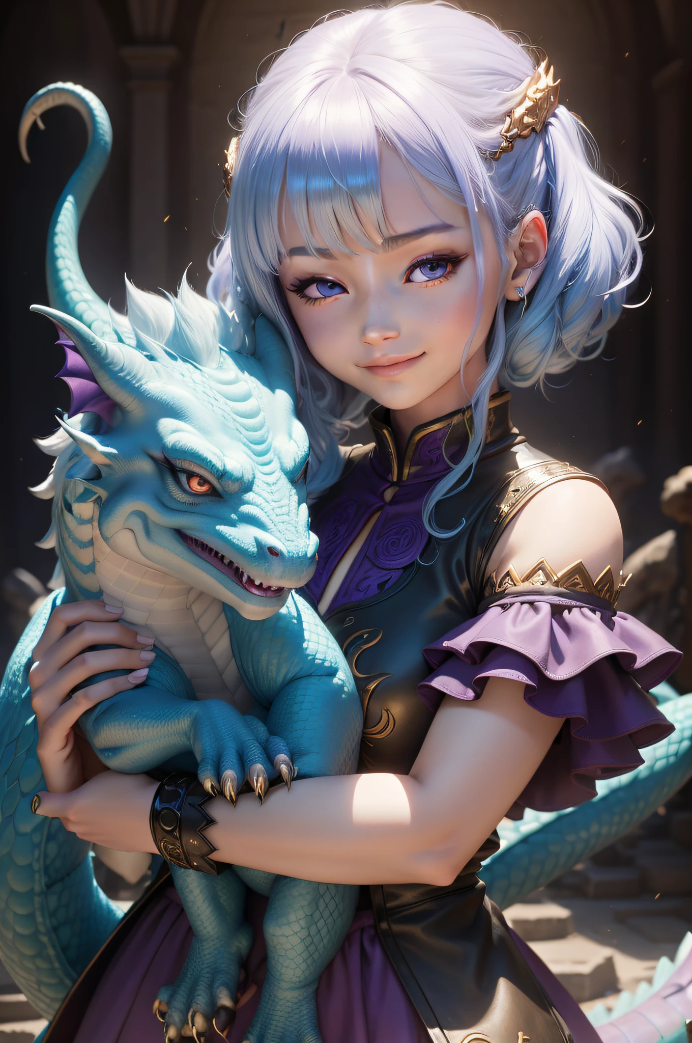 A girl holding a dragon in her hands. Dragon's eyes are closed and is smiling. The girl has light blue hair and light purple eyes. The dragon is black and gold