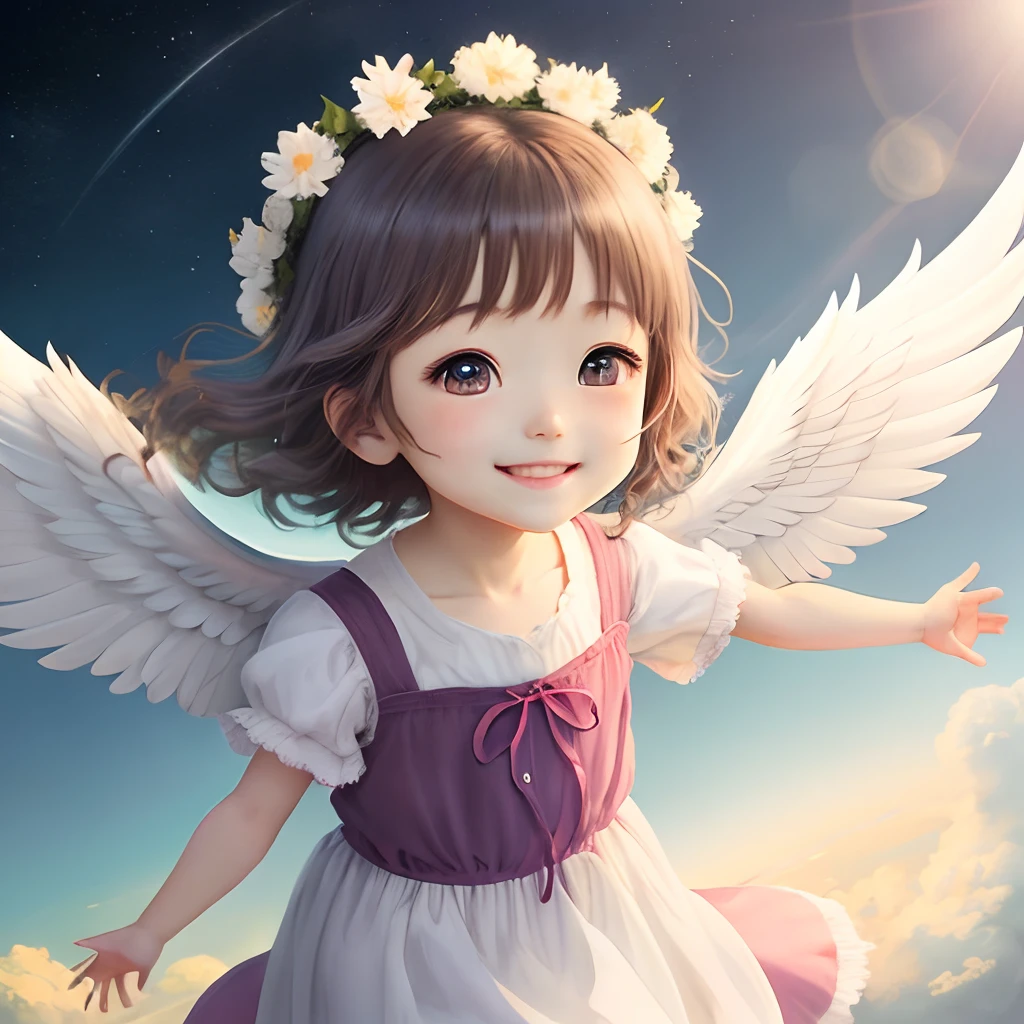 Anime style、Child angel flies in the sky、girl with、With smiling eyes