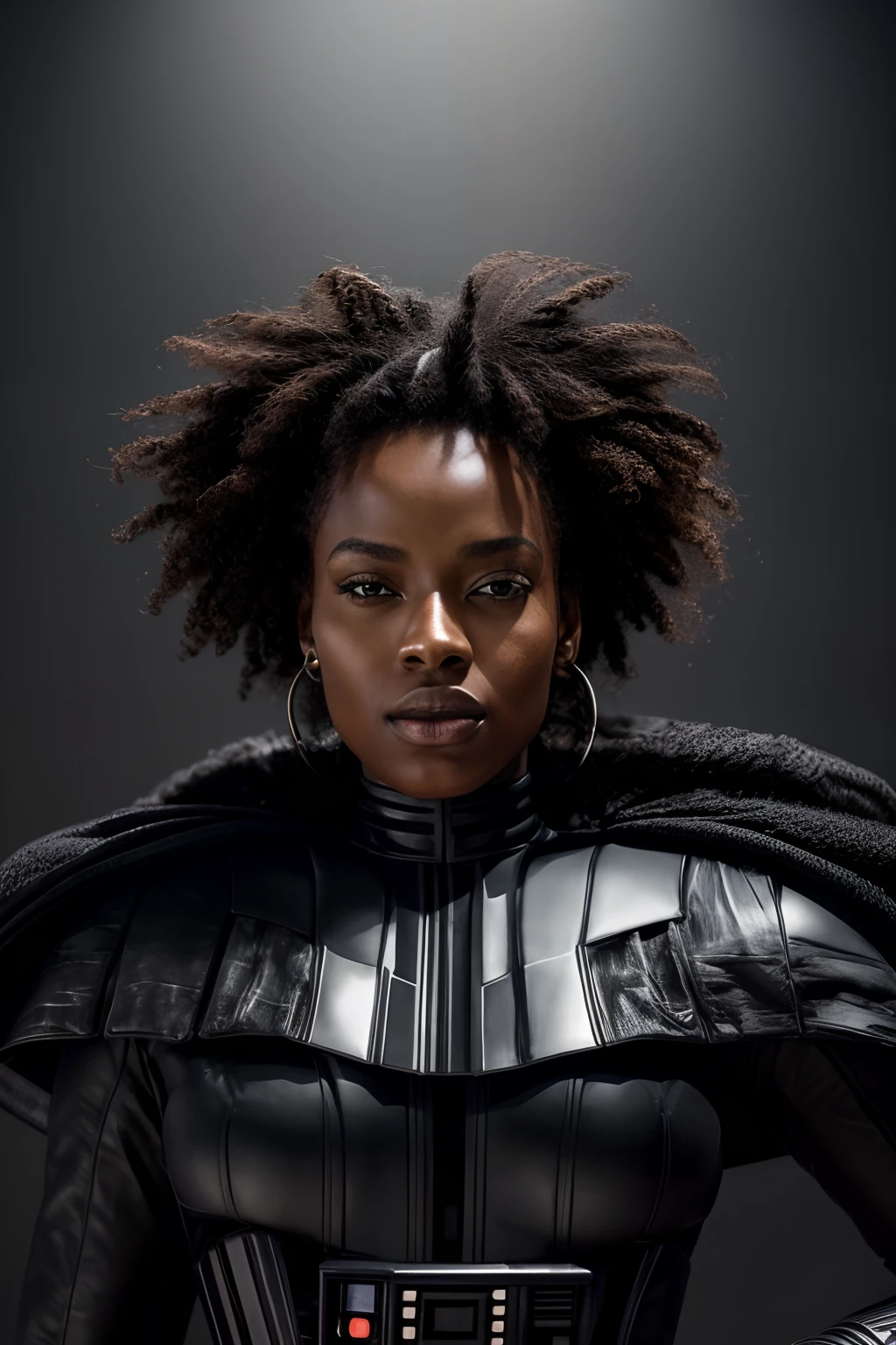 extraordinarily detailed and fantastically realistic image portraying a black woman as a superhero, Vestido como Darth Vader sem capacete. O foco deve estar no rosto dela, showing his beautiful features and a subtle, Sorriso Confiante. The costume should reflect Darth Vader's iconic costume. Place the character against a black background to emphasize their presence. Use the studio's chiaroscuro lighting to add depth and atmosphere to the image. Render this composition in an impressive 8K resolution, ensuring exceptional clarity and precision in portraying the strength and grace of black women