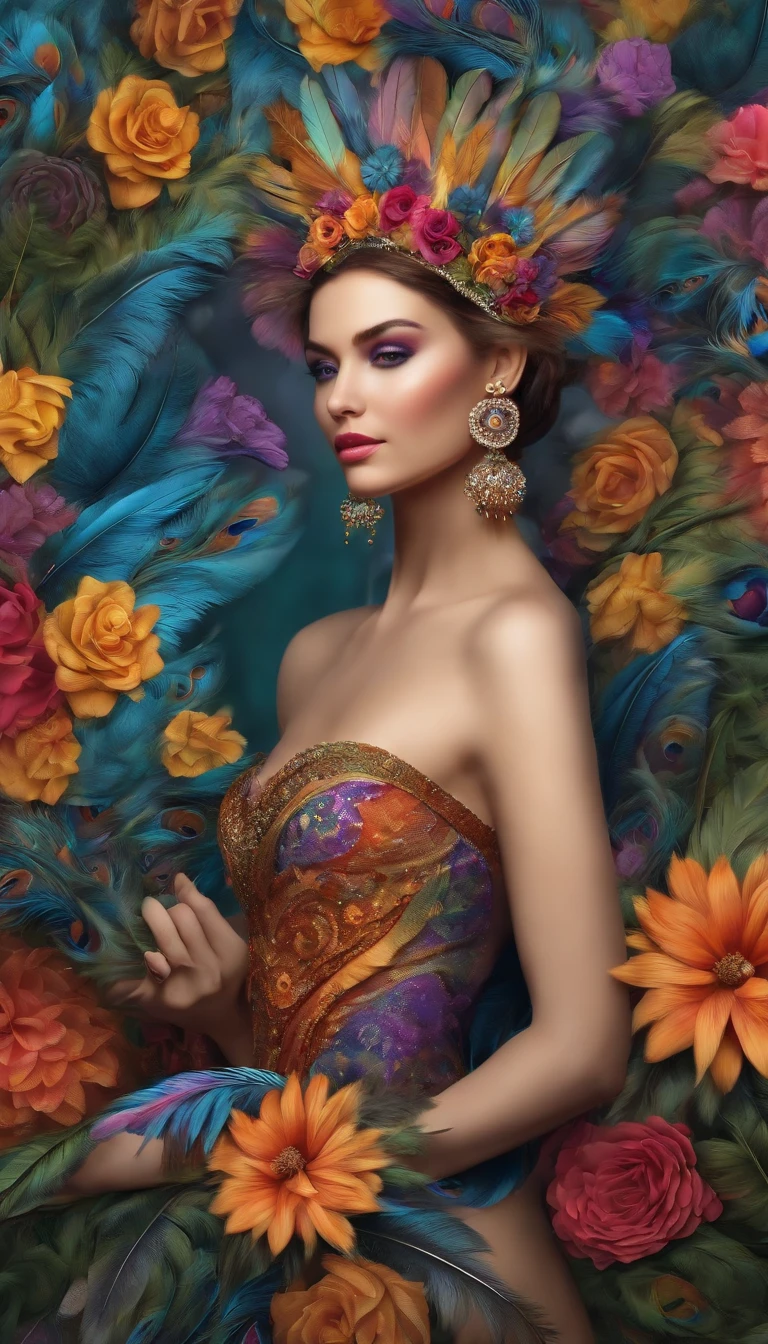 (masterpiece, top quality, best quality, official art, beautiful and aesthetic:1.2), (1girl:1.3), extremely detailed,(fractal art:1.1),(colorful:1.1)(flowers:1.3),highest detailed,(zentangle:1.2), (dynamic pose), (abstract background:1.3), (many colors:1.4), ,(earrings),  (feathers:1.5)