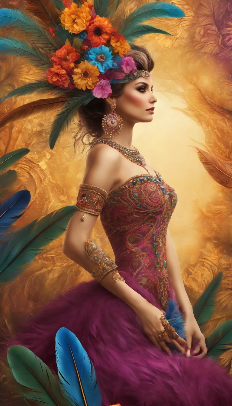 (masterpiece, top quality, best quality, official art, beautiful and aesthetic:1.2), (1girl:1.3), extremely detailed,(fractal art:1.1),(colorful:1.1)(flowers:1.3),highest detailed,(zentangle:1.2), (dynamic pose), (abstract background:1.3), (many colors:1.4), ,(earrings), (feathers:1.5)