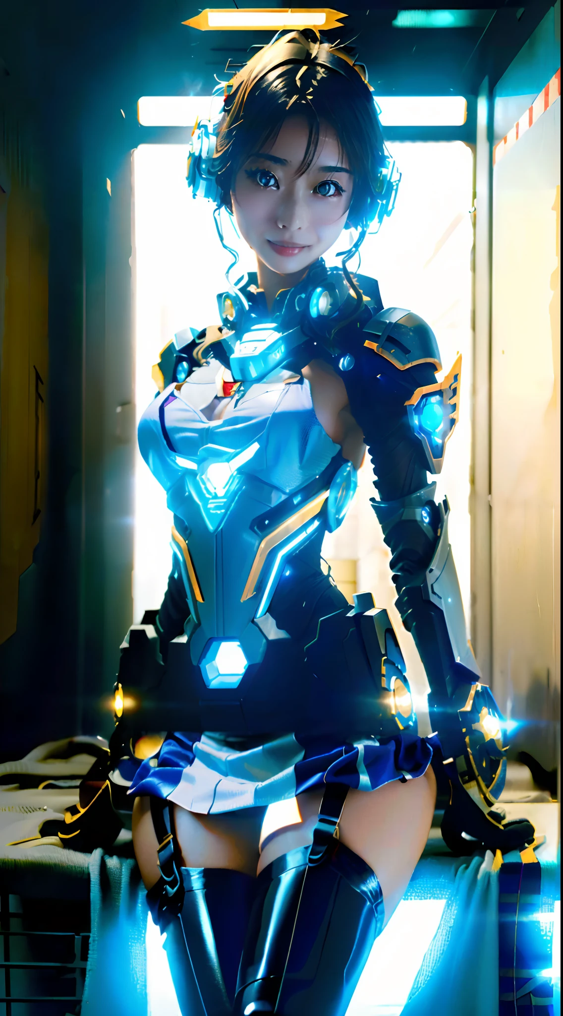 (RAW photo, Best quality, Masterpiece:1.2)、 (Realistic, photo-realistic:1.4)、(Masterpiece:1.4)、(Best quality:1.4,、Rendu portrait 8k、(Fidelity、Fidelity:1.4)、Look up、simplebackground、Flying wing zero、full bodyesbian、sci-fy、mechs、Up、machine girl、The girl wears a maid outfit、Exposed flesh、huge tit、Exposed chest、showing white panties、short skirt、looks into camera、Cute、Full body appearance、black lence stockings、Suspenders、Suspenders、beautifullegs、delicate finger、With a slight smile、Crossed waist with one hand、Mecha Maiden、Duck sitting position、Lady sitting