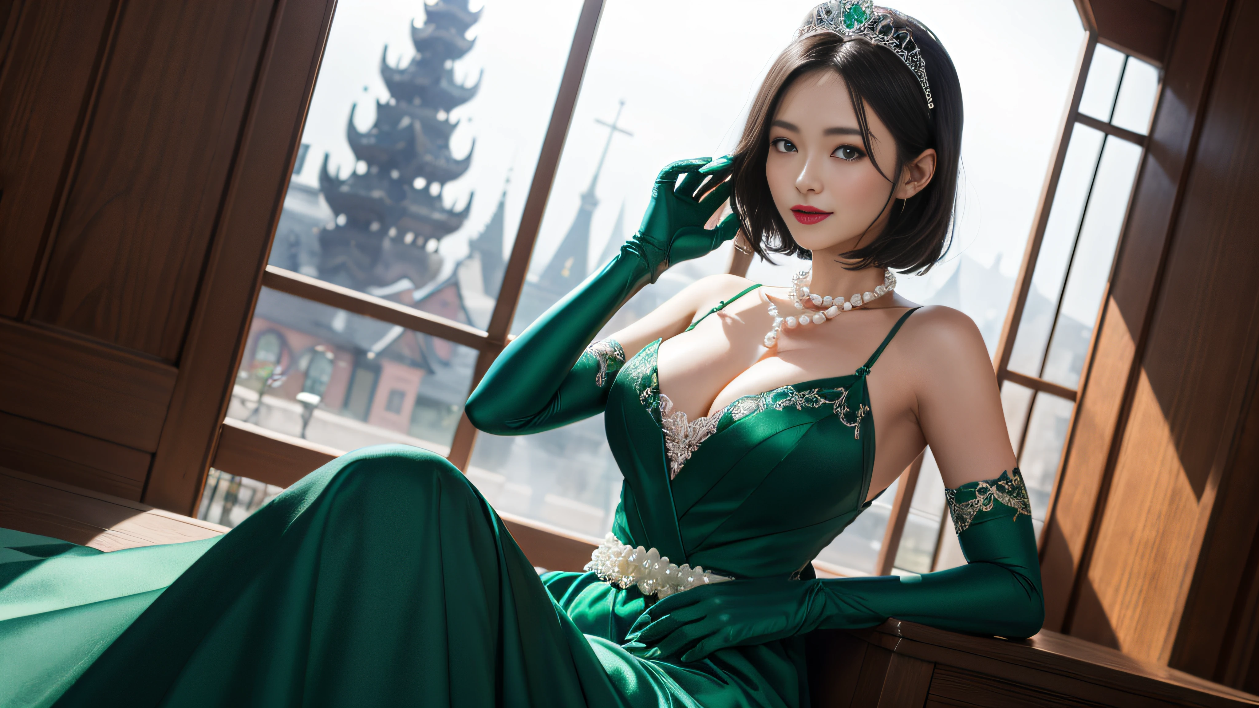 Green Dress Flower Cleanser,Sense of atmosphere, best qualtiy,tmasterpiece,1girll,30-years old,Green dress,Daytime Church,The upper part of the body, In the center of the screen, Green gloves,With short black hair,big breasts beautiful,looking at viewert,ssmile,Green Bridal Veil,Green Long Grove,Satin green long gloves, lipsticks, Pearl Necklace、Green gloves, emerald tiara, A Japanese Lady