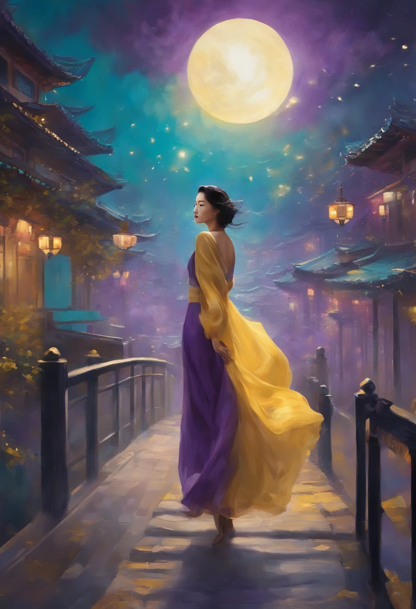 Create a striking ((artistic illustration)) portraying a ((beautiful Korean woman)) soaring through the night sky above a bustling urban landscape illuminated by a harmonious interplay of ((purple)), ((yellow)), and ((teal)) lights. The illustration should be executed from a dramatic worm's-eye perspective to convey the girl's sense of freedom and grace. Take inspiration from the works of artists like Jiwoon Pak and Hyoung Nam Kim. Experiment with a combination of ((surrealism)) and ((abstract expressionism)) to infuse a sense of wonder into the scene. Add a touch of ((volumetric light)) to enhance the enchanting atmosphere.