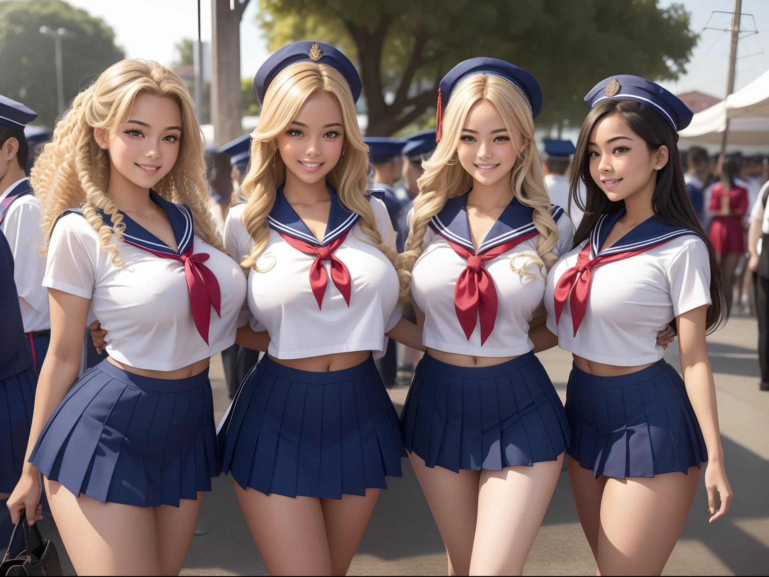 NSFW，Three naked college girls walking in a student sailor suit with exposed and a lifted super short miniskirt revealing genitals，Flipped skirt，Flipped Uniform，Three college girls showing their genitals，Whippy body，Glamour body，And the nipples are visible raw，genitals are visible raw，Colossal tits，ultra gigantic tits，clong legs，long thighs，thick thight，thick body，A smile，Joyful look，Showing teeth and smiling，Blonde twin drill curly hair，long drill-shaped hair，She is lifted up wearing a super short sailor miniskirt that reveals her dark blue genitals.，Lifted skirt，Attracts attention from many men，Attracts the male gaze，School cultural festival crowded with enthusiastic men，Danjo at the beauty contest venue，Beauty Contest Runway，outside of house，during daytime，A cultural festival watched by many men，Parti