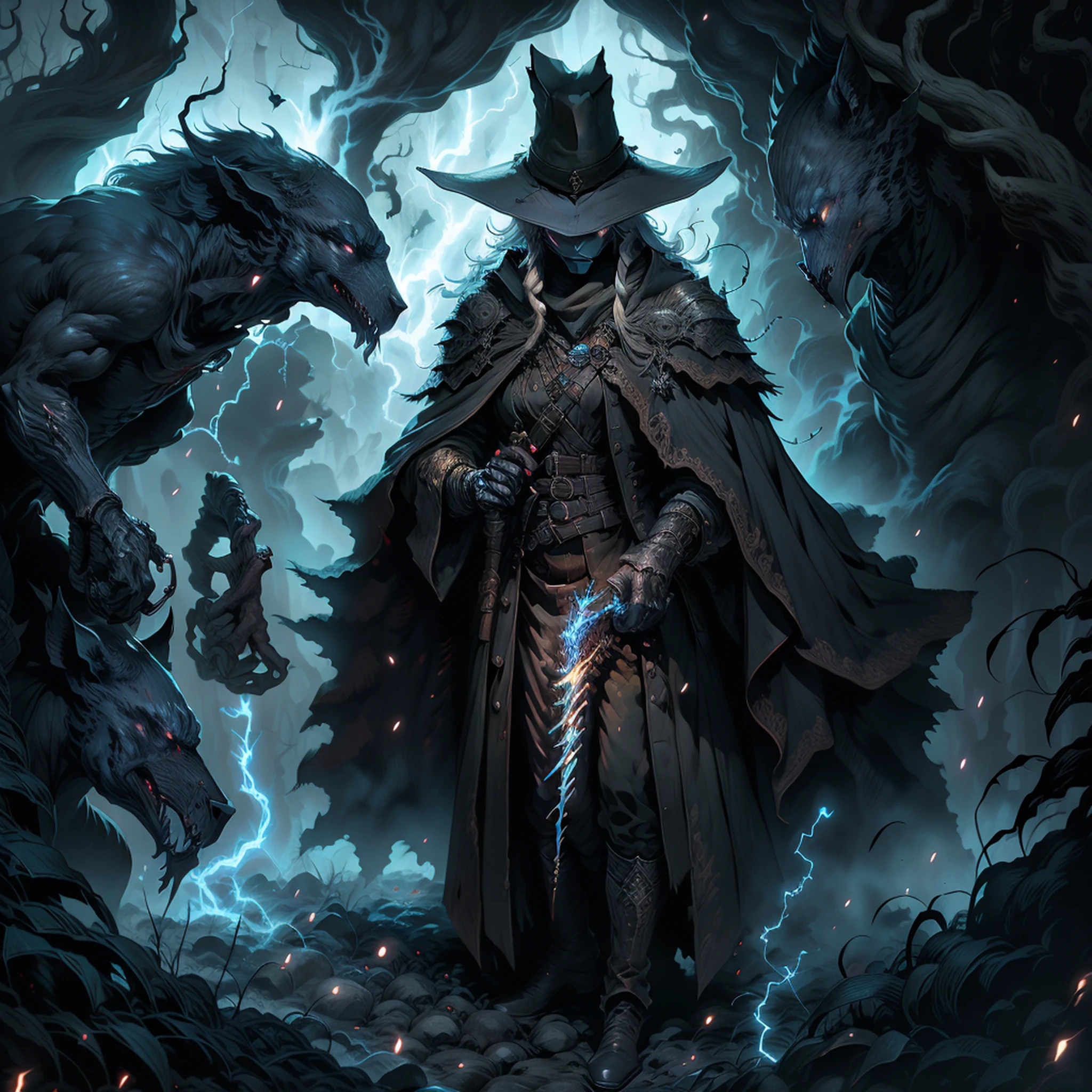 soul card, Linha, Tiro completo (Front view), Classic Elder Witch Walking Through the Deep Forest, (night lightning)