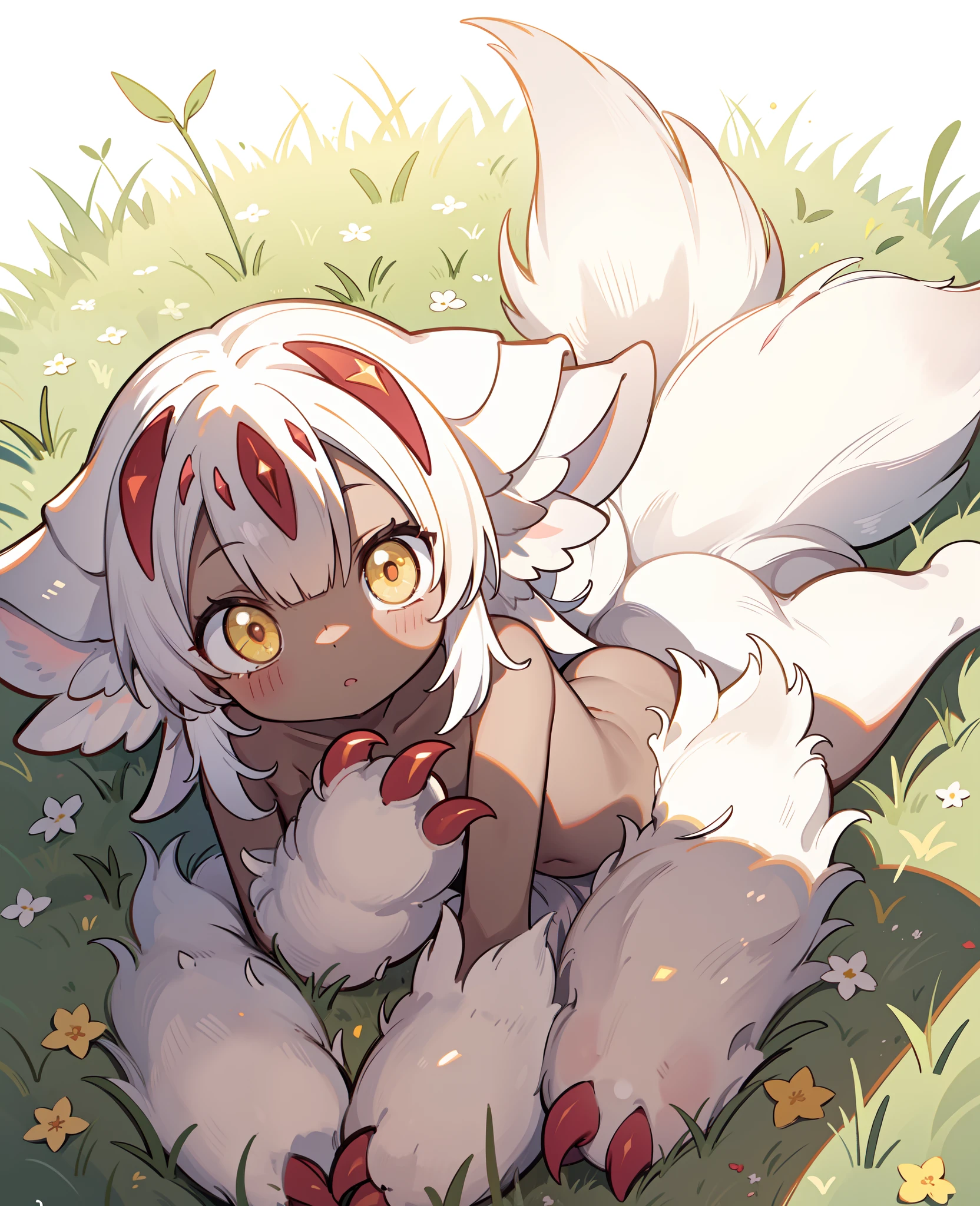 faputa looking at viewer, simple background, looking up, from above, 4arms, laying like a dog, top arms together, faputail, fapuclaws, fapuknees, yellow eyes, white background, full body, lying, signature, grass, on stomach, on ground, on grass, digital illustration, all fours, no mouth