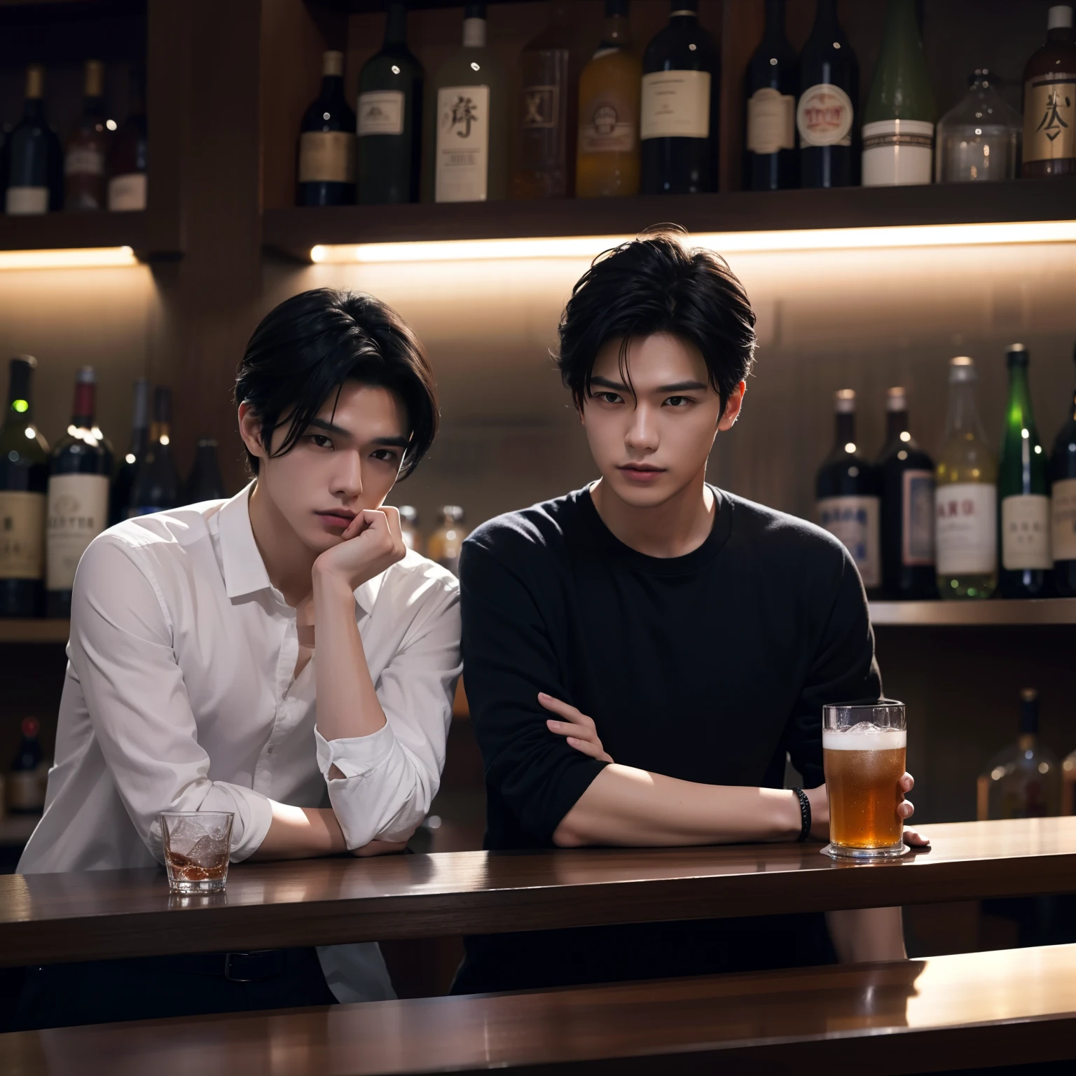 Two men、年轻、２０age、Drinking alcohol at the counter of a dimly lit bar、The hairstyle is a little longer、A dark-haired、