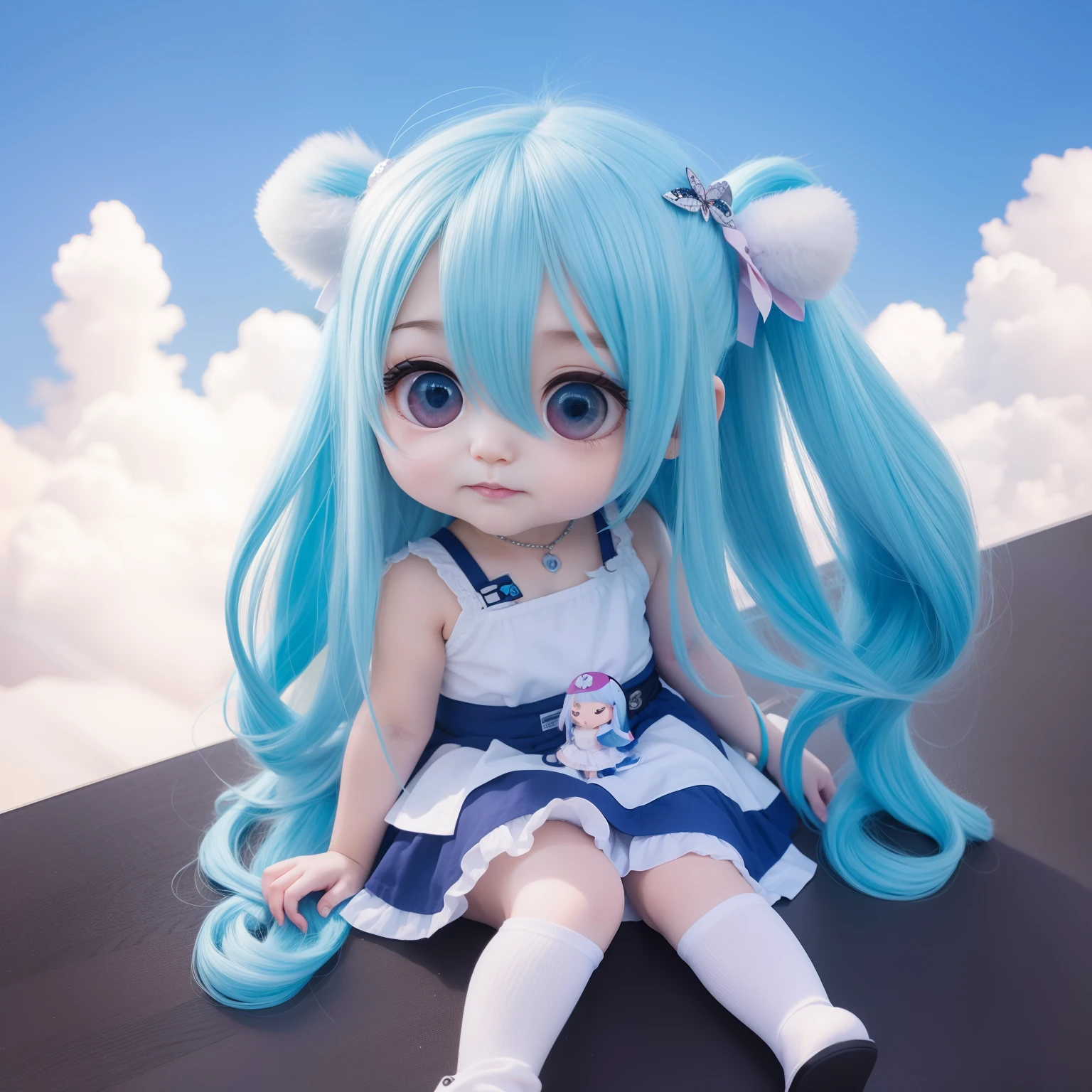 Chibichara long hair with blue hair((Chibi Chara))、Fluffy、girl with、Chibi Chara、full body Esbian、masutepiece、top-quality、