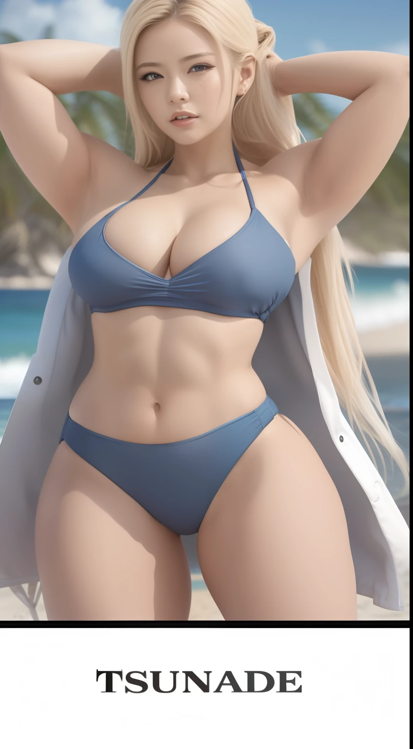 a close up of a woman in a bikini on a beach, realistic bikini, swimsuit, is wearing a swimsuit, at the beach, attire: bikini, Tsunade from Naruto, Busty. big Tits, Arms Up, arms behind head, bathing suit, in bikini, blue bikini, at a beach, realistic shaded perfect body, in the beach, perfectly shaded body, extremely detailed artgerm, in a bikini,