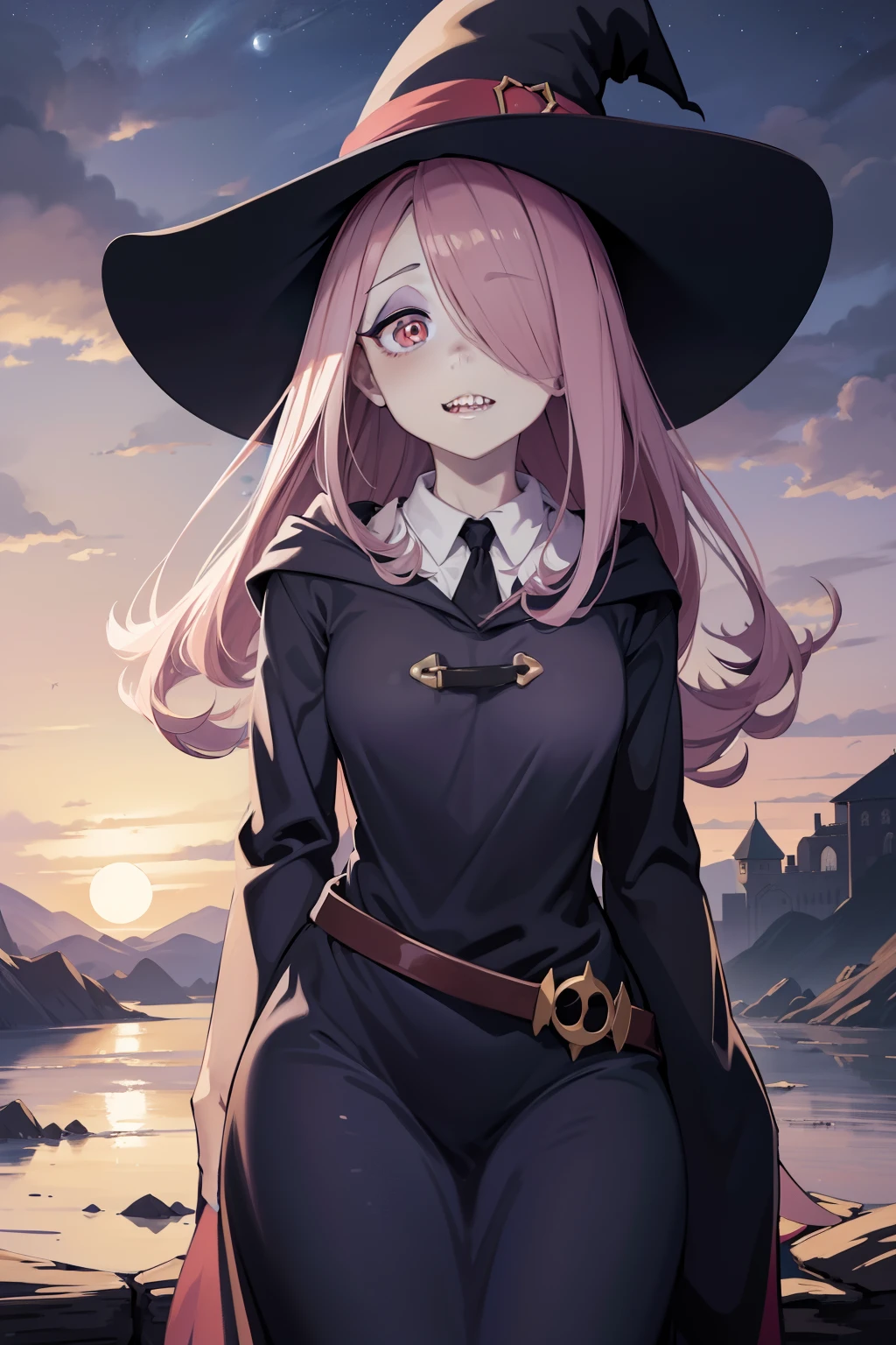 masterpiece,best quality,high quality, best quality, 4k,8k,Sucy Manbavaran, witch hat, dull pink hair, night sky, stars, sharp teeth, grin, hair over eye, illustration,anime style, pale skin, droopy eyes, sleepy expression