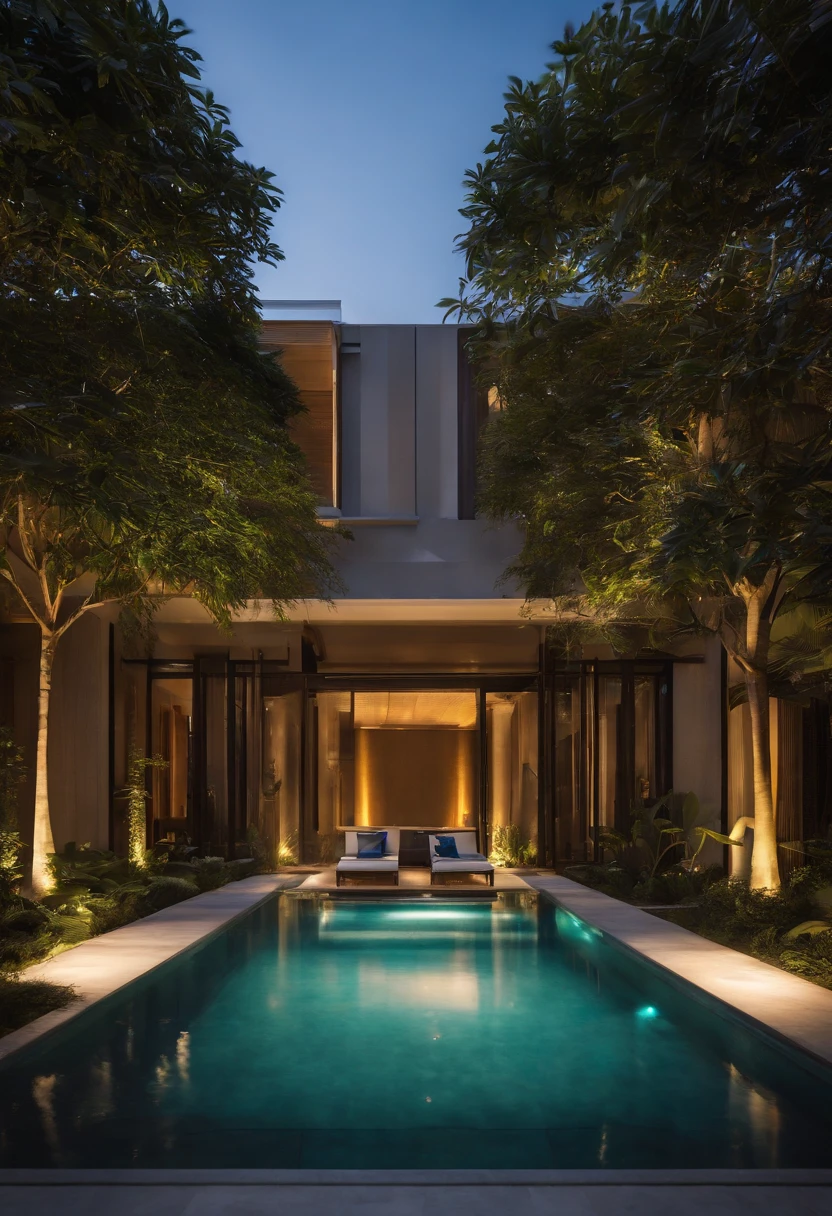 One side of the courtyard has a private pool and fitness area。The design of the pool is simple and modern，There is clear blue waters and a comfortable poolside，To enjoy swimming and playing in the water。Fitness area is equipped with equipment and yoga mats，Provide opportunities for exercise，a person々to enjoy health and vitality outdoors。