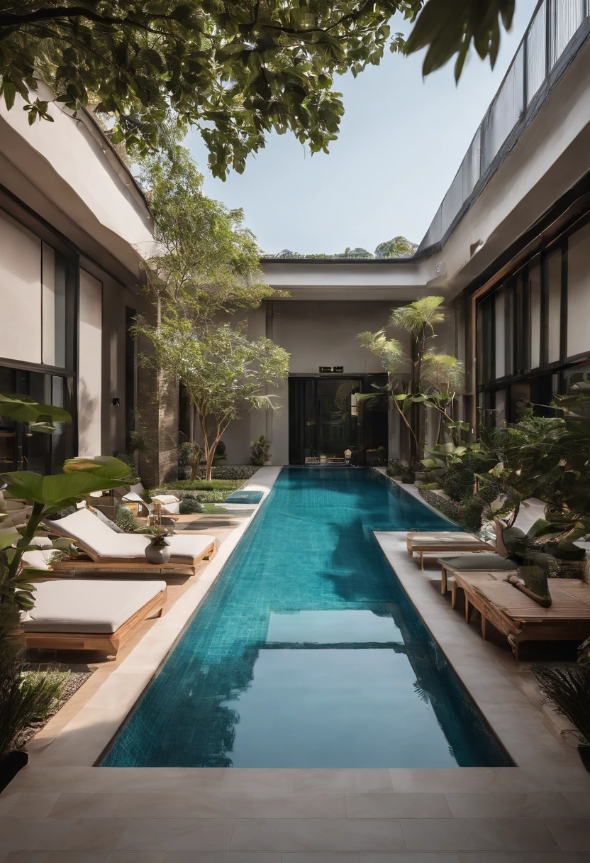 One side of the courtyard has a private pool and fitness area。The design of the pool is simple and modern,There is clear blue waters and a comfortable poolside,To enjoy swimming and playing in the water。Fitness area is equipped with equipment and yoga mats,Provide opportunities for exercise,a person々to enjoy health and vitality outdoors。