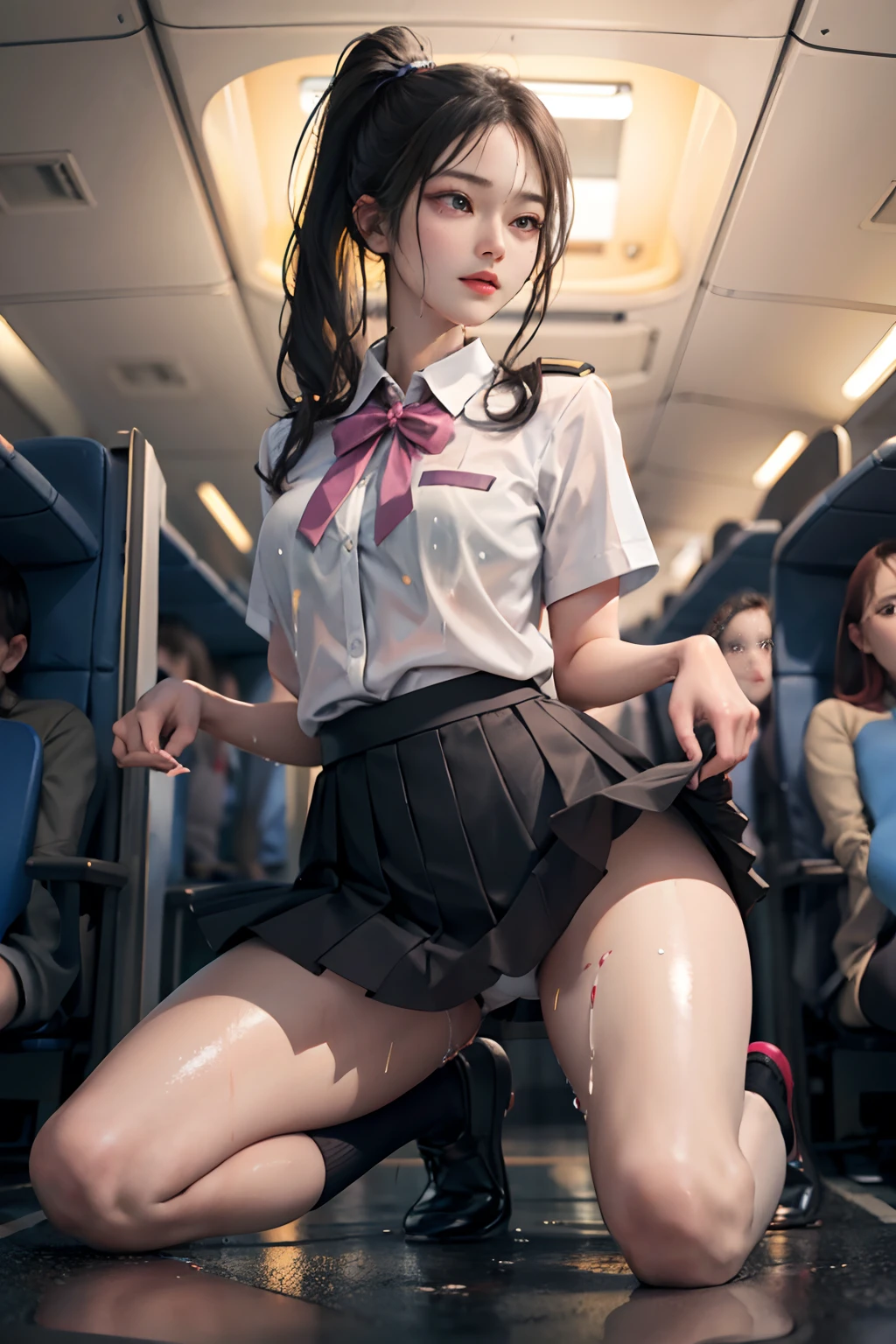 Real Images、(masterpiece:1.2、top-quality)、Lady 1、独奏、Stand kneeling、Ultra mini skirt、White panty、Wet and droplets、sexy underwear、skirts that are too short、Physical education sitting、M-shaped legs、Open legs,summer clothing、shortsleeves、itchy、reach、3When the moon、Cabin Crew、Open legs,poneyTail、校服、a miniskirt、White panty、camel's toe、Planes、Pink blouse、Services for passengers、water dripping、Wet、Provision of safety instructions、Response to emergencies、bangss、(Glossy skin:1.15)、