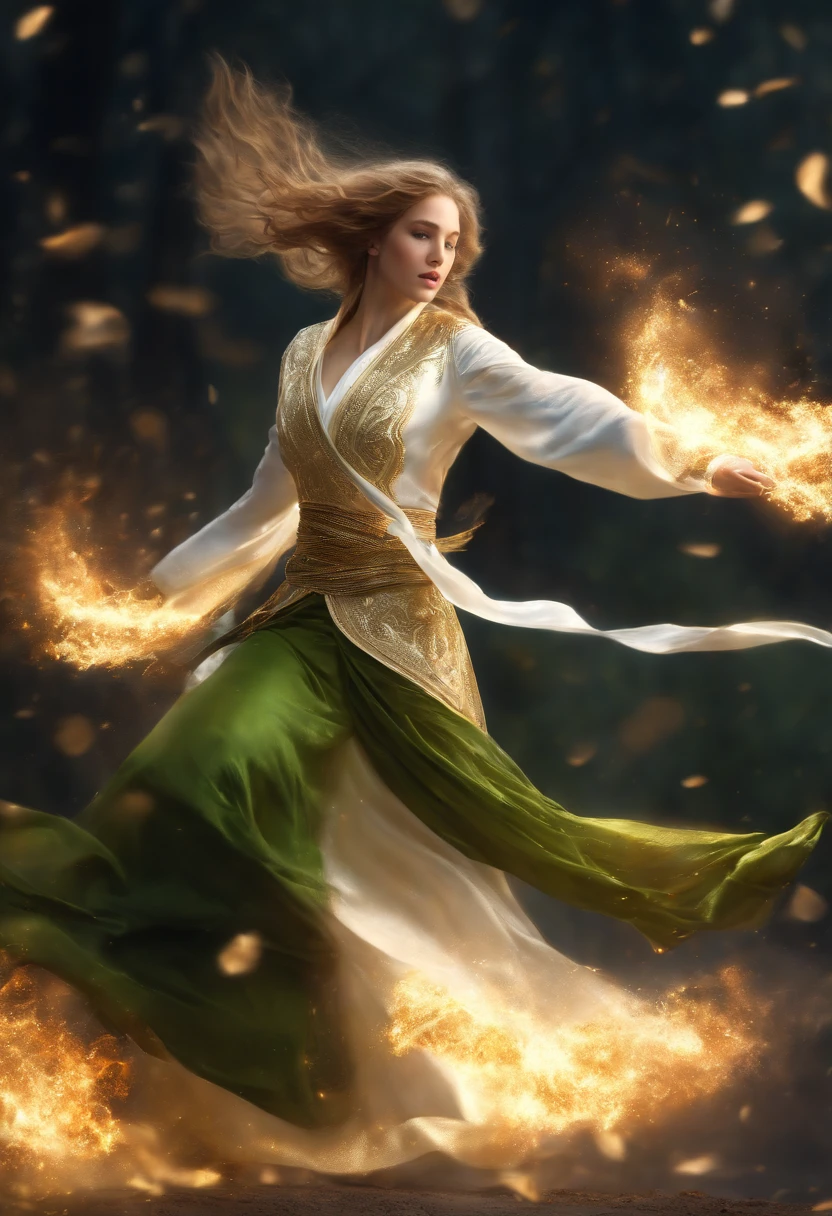 Masterpiece, Best quality, Realistic, (1 girl: 1.3), Blue, gold, white clothes, Long hair with a shawl, jump, leap, Dance, Green, gold, white clothes, Long skirt, long scarf, Flowing, Light armor, Snow-whiteskin, Bare shoulders, full bodyesbian, (From below:1.5), Martial arts, dynamics, Flames, Particle