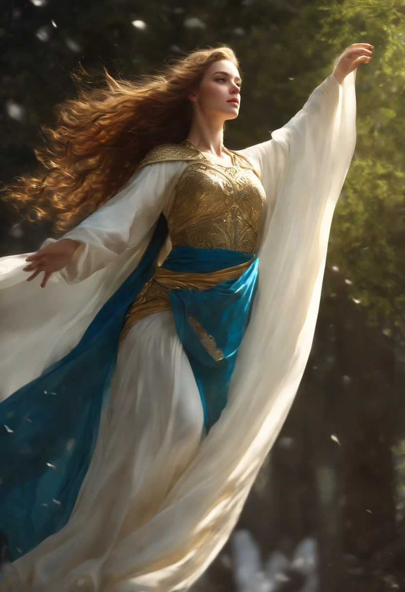 Masterpiece, Best quality, Realistic, (1 girl: 1.3), Blue, gold, white clothes, Long hair with a shawl, jump, leap, Dance, Green, gold, white clothes, Long skirt, long scarf, Flowing, Light armor, Snow-whiteskin, Bare shoulders, full bodyesbian, (From below:1.5), Martial arts, dynamics, Flames, Particle