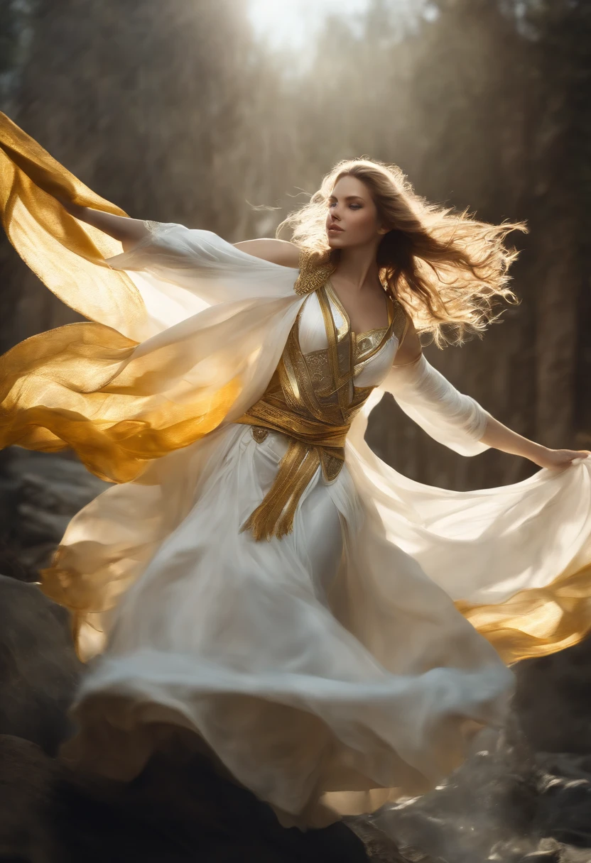 Masterpiece, Best quality, Realistic, (1 girl: 1.3), Blue, gold, white clothes, Long hair with a shawl, jump, leap, Dance, Green, gold, white clothes, Long skirt, long scarf, Flowing, Light armor, Snow-whiteskin, Bare shoulders, full bodyesbian, (From below:1.5), Martial arts, dynamics, Flames, Particle