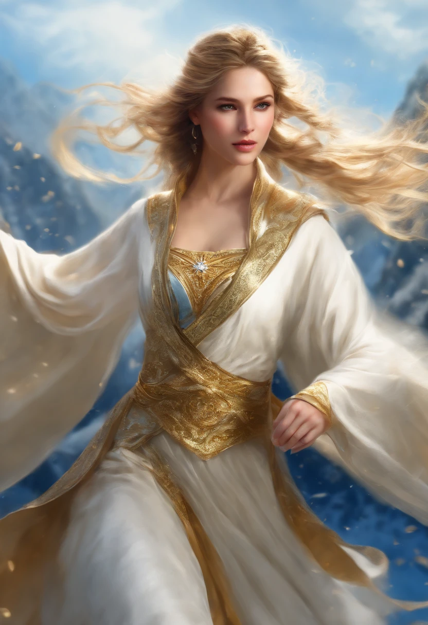Masterpiece, Best quality, Realistic, (1 girl: 1.3), Blue, gold, white clothes, Long hair with a shawl, jump, leap, Dance, Green, gold, white clothes, Long skirt, long scarf, Flowing, Light armor, Snow-whiteskin, Bare shoulders, full bodyesbian, (From below:1.5), Martial arts, dynamics, Flames, Particle