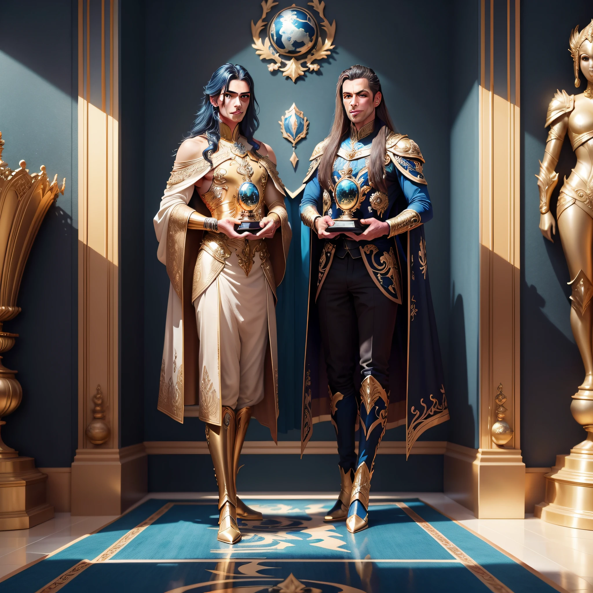 A luxury hall of fame with many trophies, esquema de cores azul escuro e dourado
