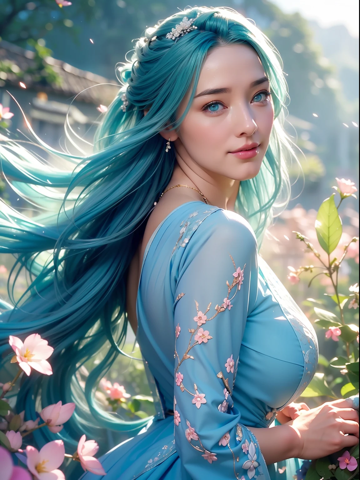 an woman with cottage style, (((aqua blue hair color))),(colorful),(finely detailed beautiful eyes and detailed face, aqua blue long hair), flowers on head,cinematic lighting,extremely detailed CG unity 8k wallpaper,((flying petal)),(Flowery meadow) sky, cloudy_sky, sunlight,sun, light, fantasy, (masterpiece, best quality), Fantasy, (((detailed long-sleeved cottage blue dress))), blue laces,((blue untied flowing hair and a nice flowered dream cottagecore background)), cottagecore style, cottage aesthetics, high detailed background , curvy body, gorgeous, elegant, simple gold necklace, dynamic pose, realistic, detailed facial expression, beautiful mesmerizing face, happy, open smile, (bright blue eyes:1.14), real life skin, 8k, intricate detail, professional lighting, full body shot, dynamic angle shot, looking at camera, stunning Unreal Engine, soft diffused lighting, cute, wind, petals on wind,1 girl, sexy, sensual, a 20 yo woman,(natural skin texture, soft light, sharp), big boobs