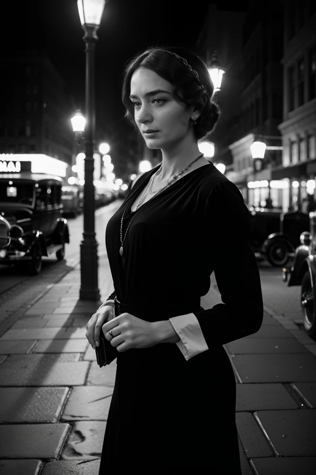 /imagine prompt: A stunning, photorealistic portrayal of Emily Blunt embodying Ayn Rand in a movie scene set on a bustling New York street in the 1920s. Emily, dressed in an elegant 1920s attire, stands on a cobblestone sidewalk under the warm glow of vintage street lamps. The scene is filled with classic cars of the era, and extras in period clothing, creating an authentic atmosphere. The style replicates the look of a classic black and white photograph from the 1920s, captured with a vintage camera like the Graflex Speed Graphic. Emphasis on soft lighting and intricate details.