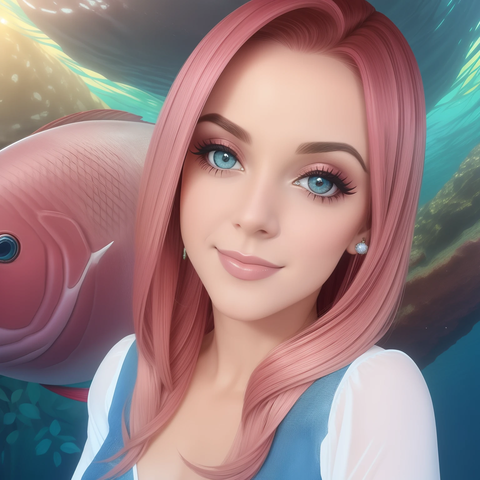 Fey com pele rosa tem quatro olhos pretos e orelhas de peixe e cabelo verde