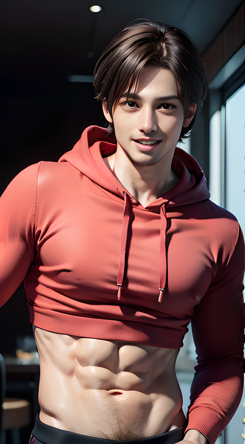 ((Men only)), (head shot), (face only), (wearing pink hoodie), (on bare skin), (showing his abs), (()), (Handsome muscle man in his 20s), (Smile), (open his mouth wide), (detaile: 1 in 1), Natural muscles, HIG quality, beautidful eyes, (Detailed face and eyes), (Face、: 1 / 2), Noise, Real Photographics、... ...................................................................................................................PSD, Sharp Focus, High resolution 8K, realisitic & Professional Photography, 8K UHD, Soft lighting, High quality, Film grain, FujifilmXT3