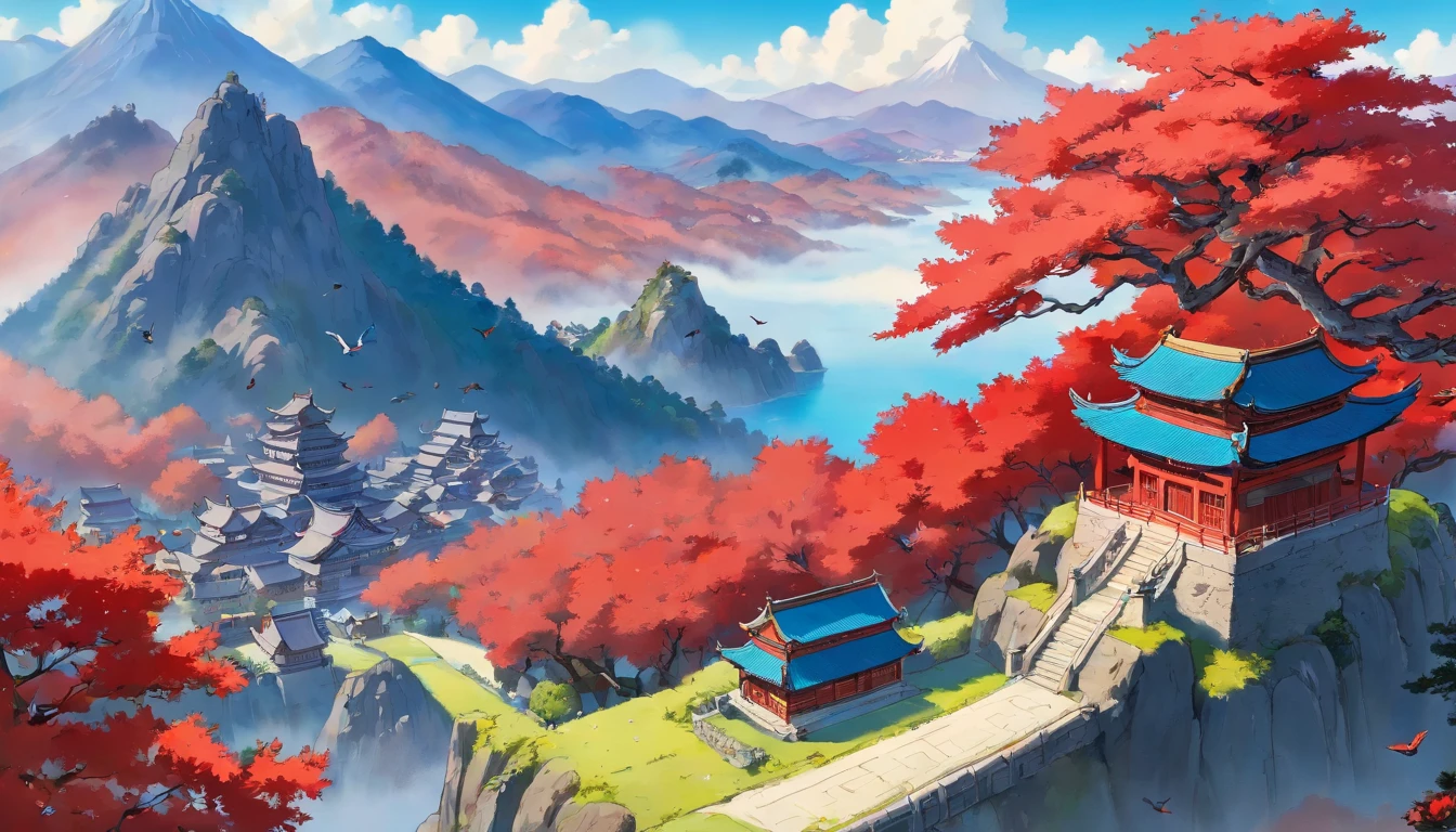 chinesse landscape ink painting high angle perspective, red tree, mountain, birds, small tree, 4K