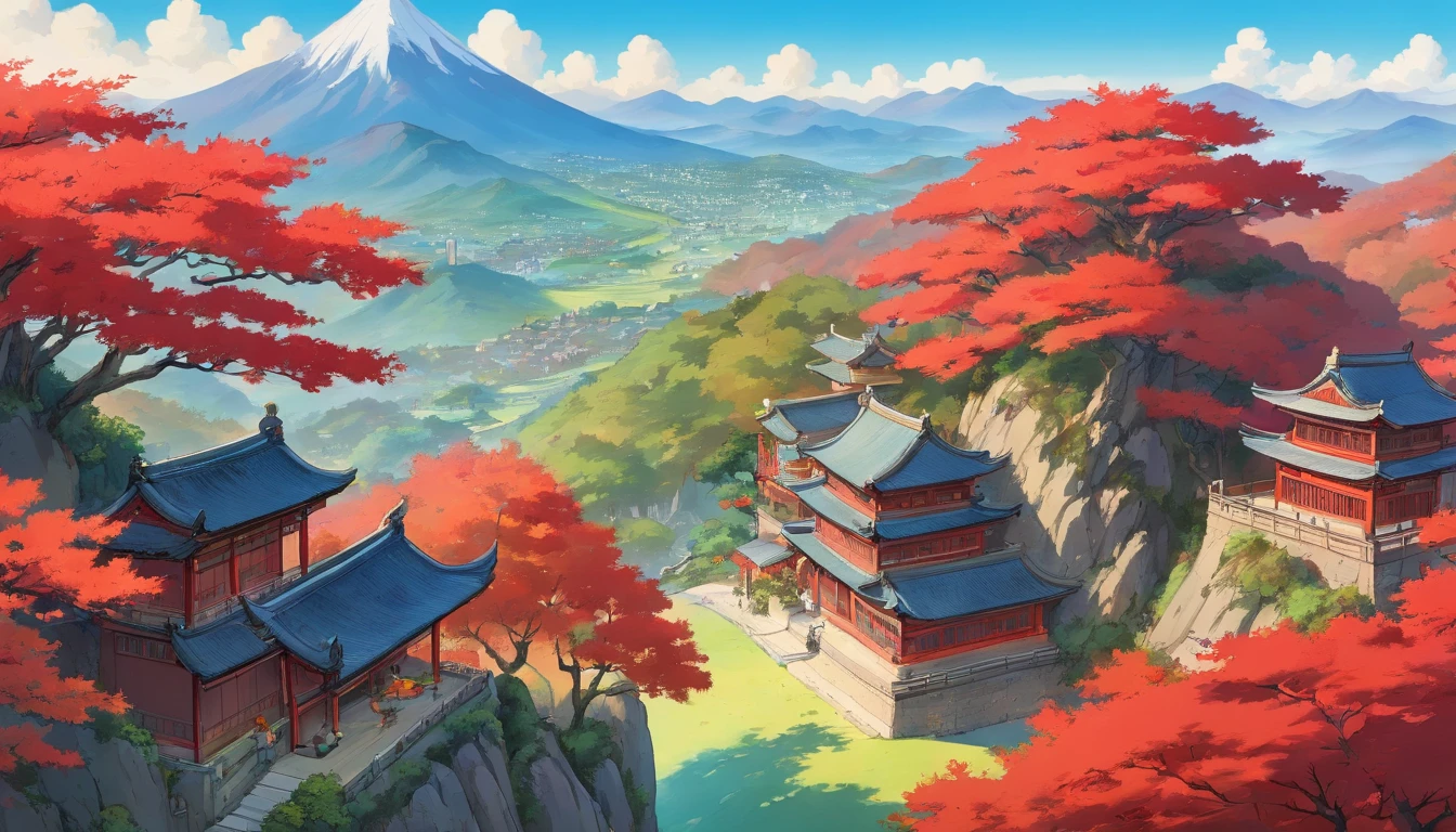 chinesse landscape ink painting high angle perspective, red tree, mountain, birds, small tree, 4K